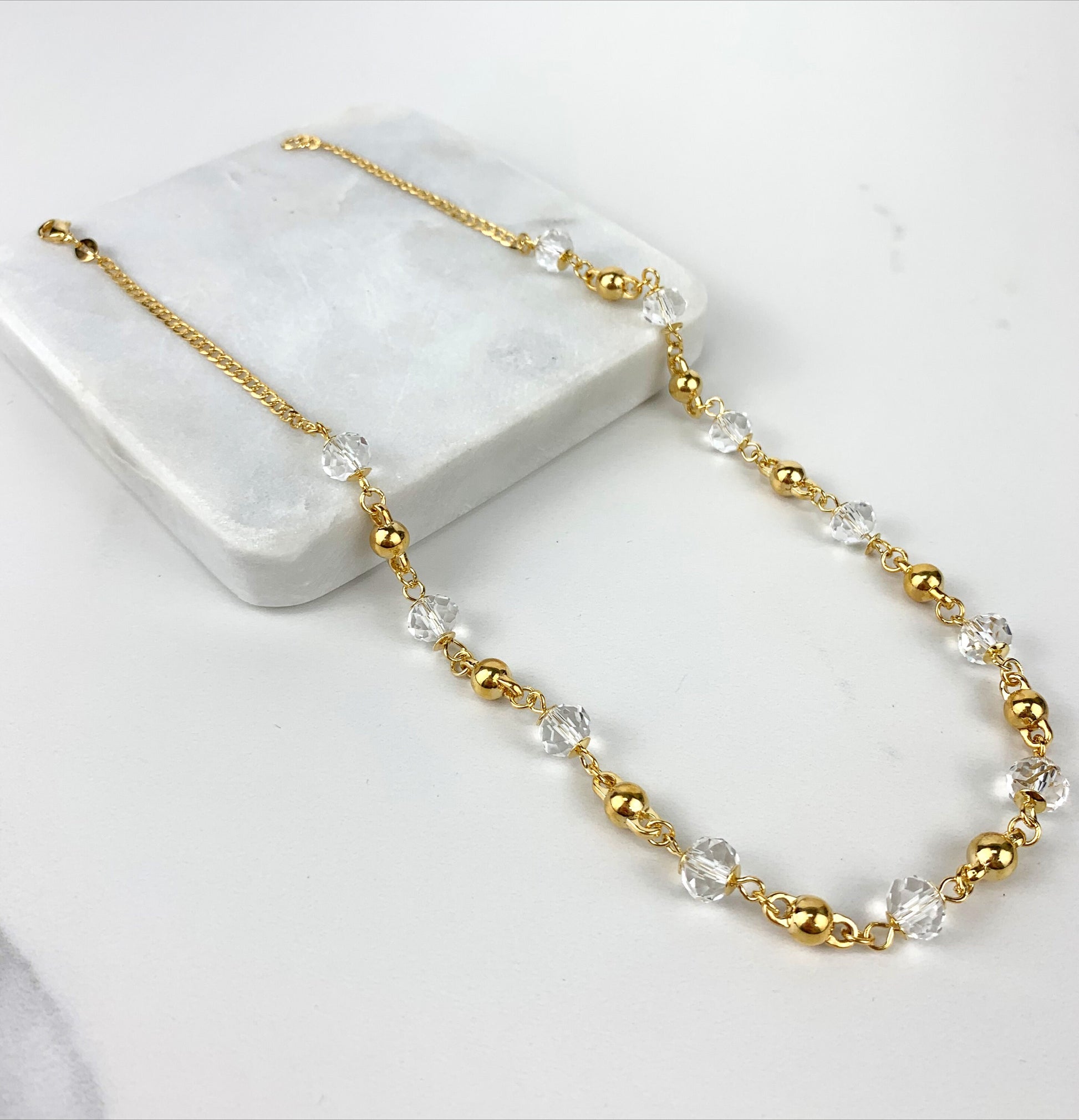 18k Gold Filled Curb Link Chain with Clear Beads and Gold Balls Linked Necklace For Wholesale and Jewelry Supplies