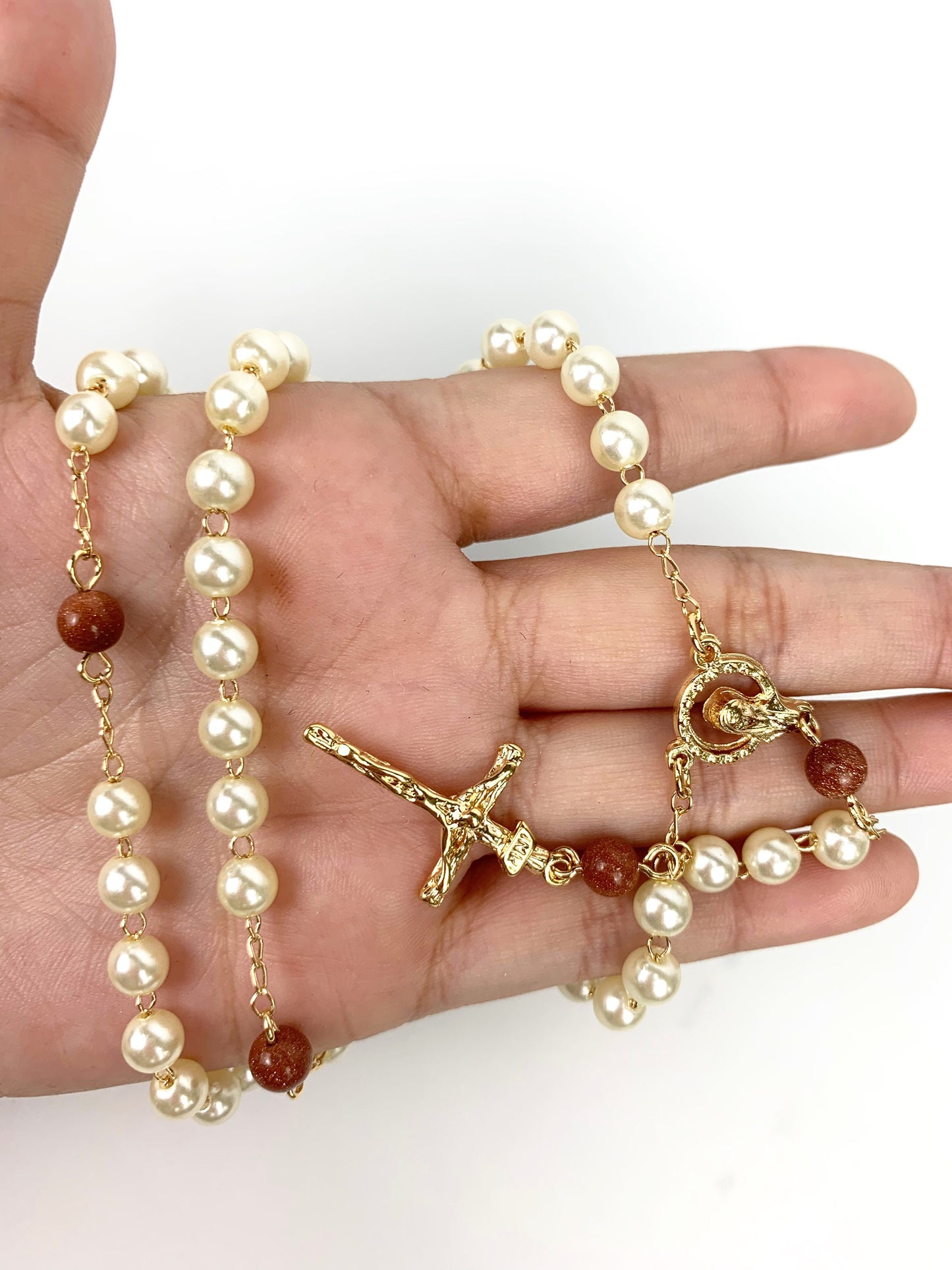 18k Gold Filled Fancy White Beaded & Venturina Rosary 22" Long Wholesale Jewelry Size