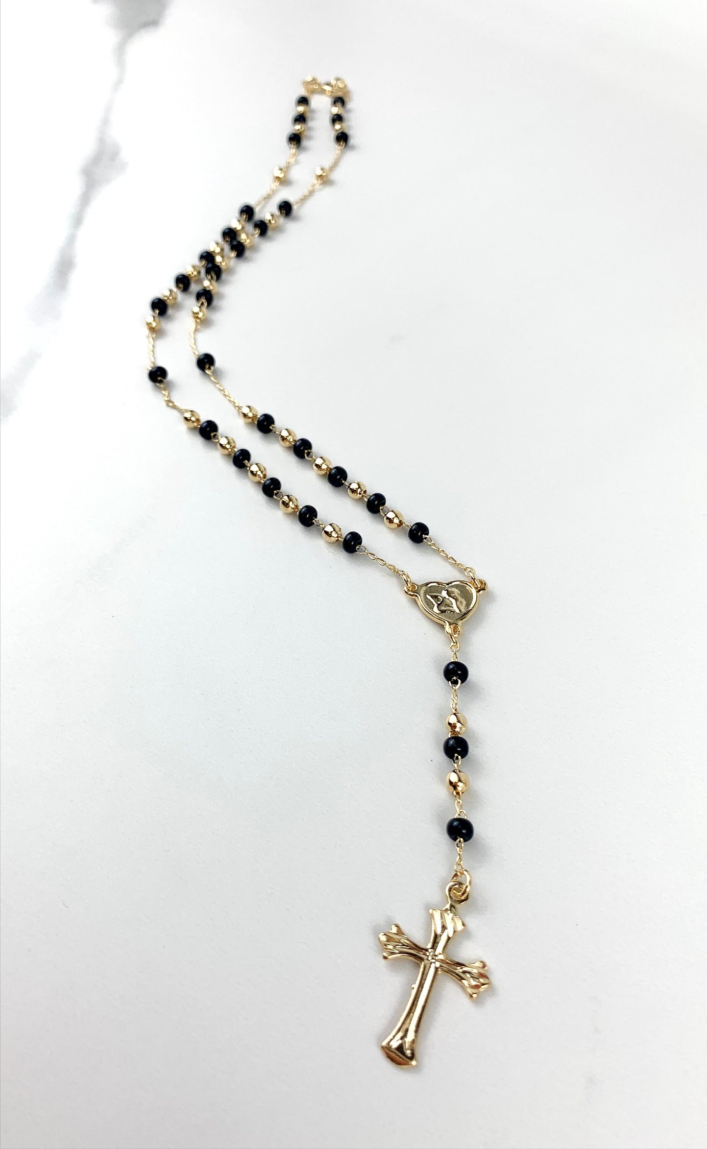 18k Gold Filled Black & Gold Beads, Heart Shape Angel Rosary Necklace, Religious Jewelry, Wholesale Jewelry Making Supplies