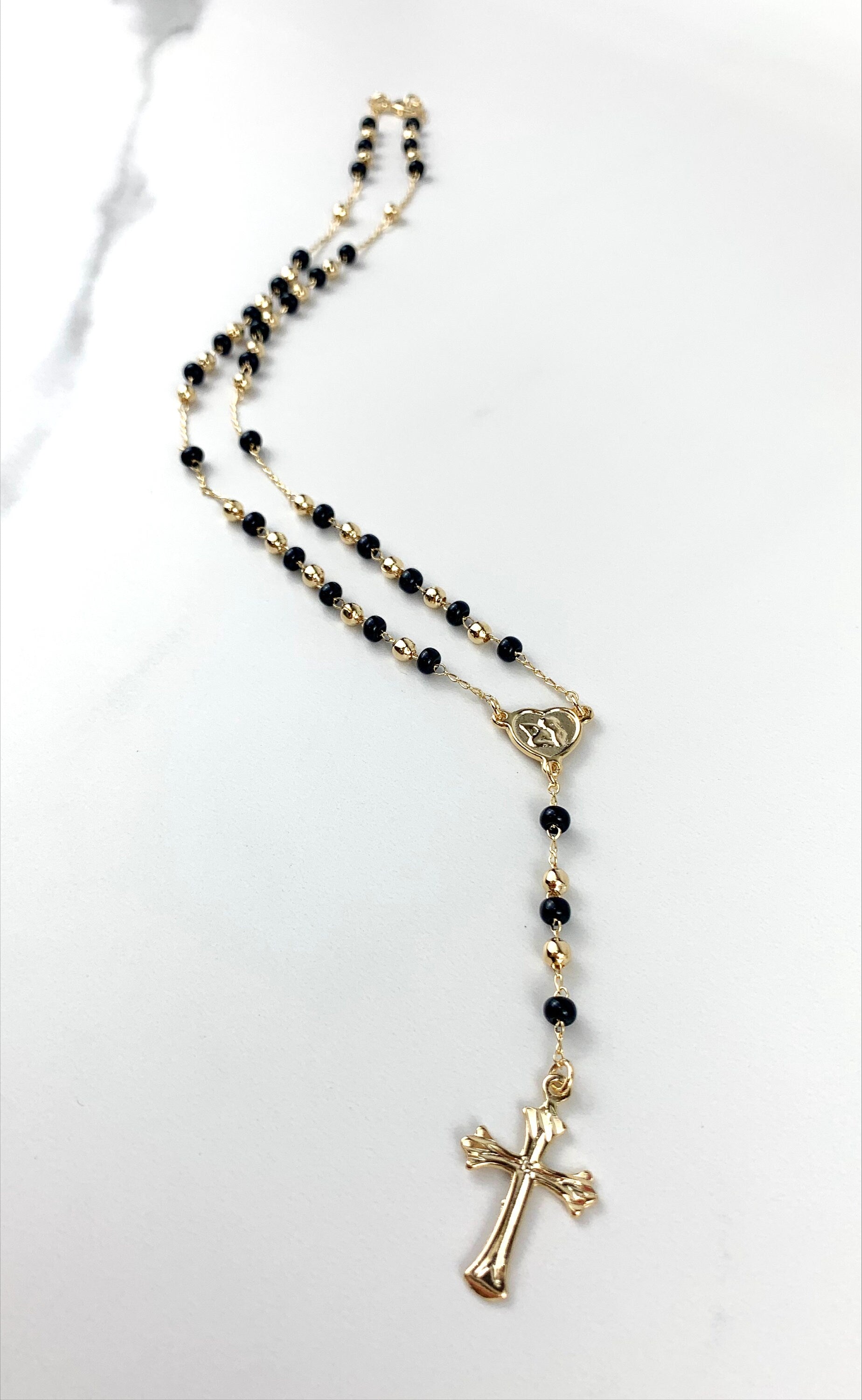 18k Gold Filled Black & Gold Beads, Heart Shape Angel Rosary Necklace, Religious Jewelry, Wholesale Jewelry Making Supplies