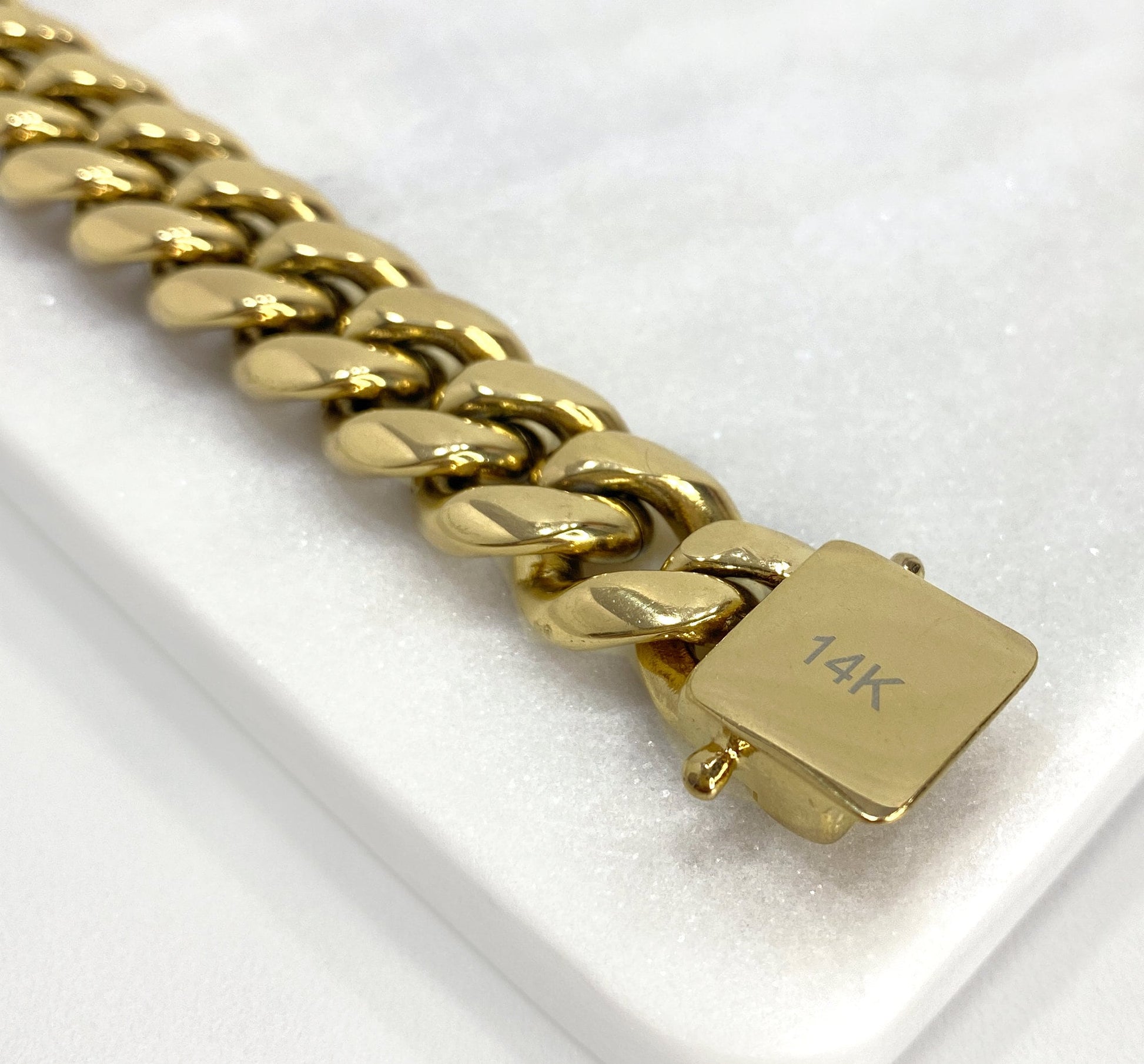 14mm Miami Cuban Link Bracelet In 14k Gold Filled Featuring Double Safety Lock Box Clasp, Unisex Curb Chain, Wholesale Jewelry Supplies