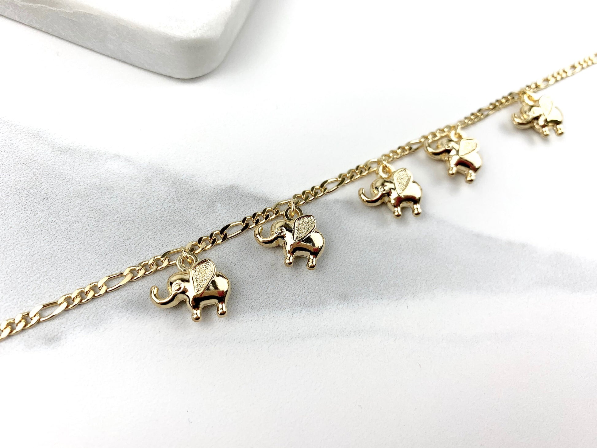 18k Gold Filled 3mm Figaro Chain Four Big Elephants Charms Anklet Wholesale Jewelry Supplies