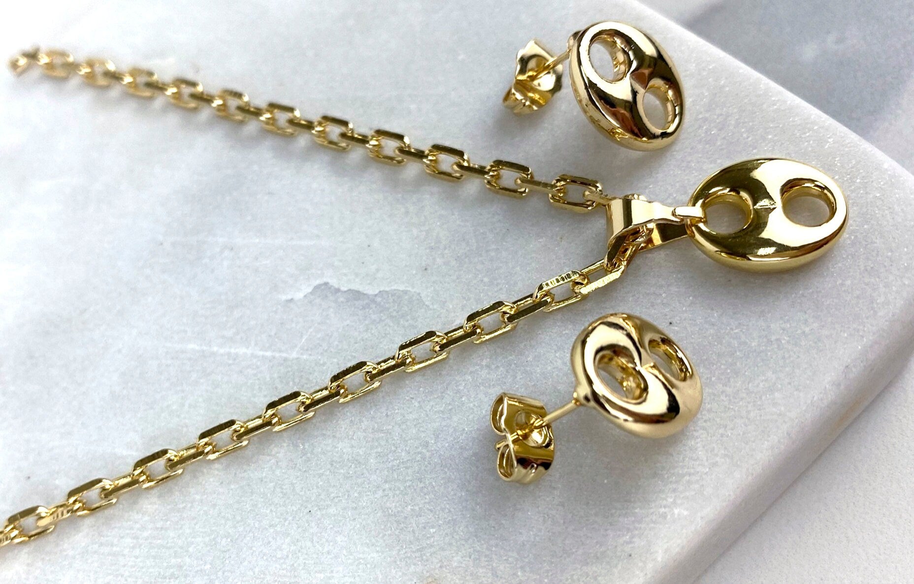 18k Gold Filled Paper Clip Chain Necklace Set with Anchor Mariner Stud Earring & Charms Pendant Wholesale Jewelry Supplies