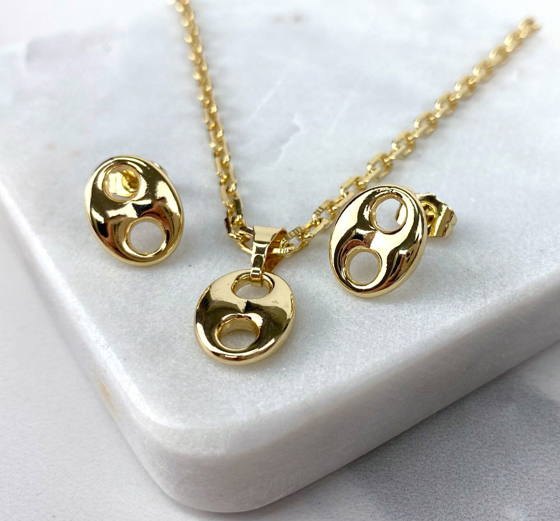 18k Gold Filled Paper Clip Chain Necklace Set with Anchor Mariner Stud Earring & Charms Pendant Wholesale Jewelry Supplies