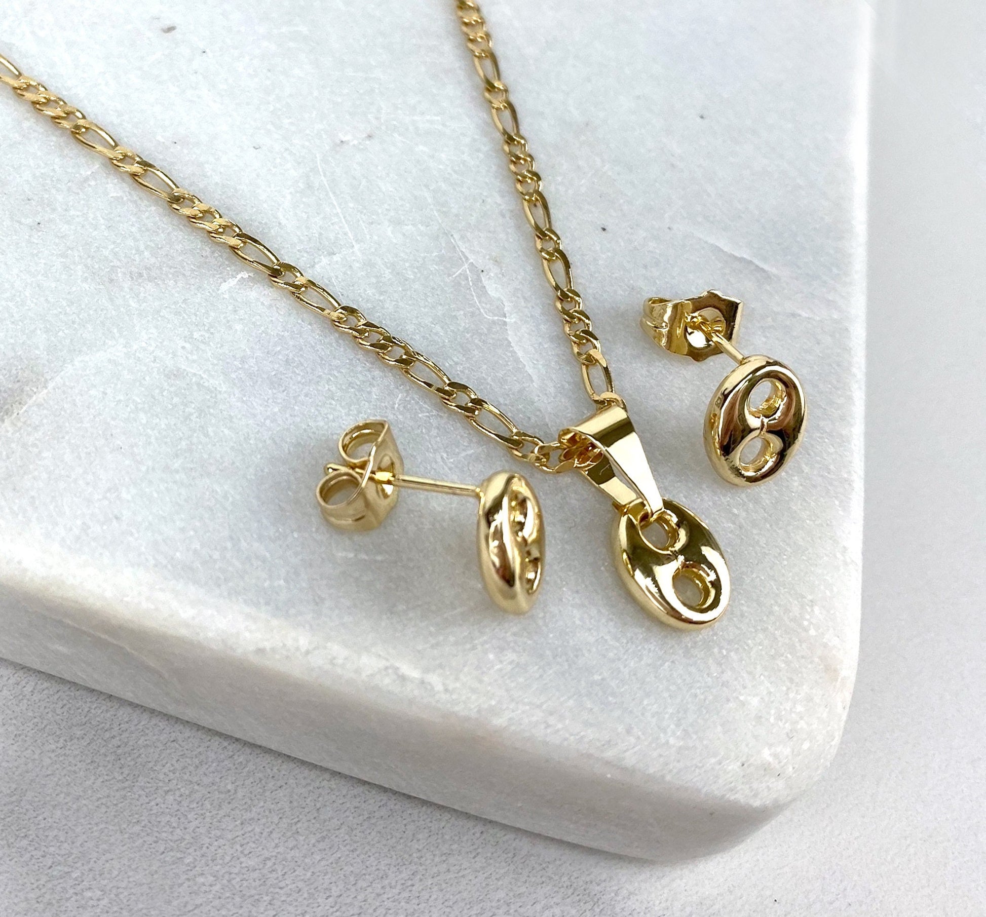 18k Gold Filled Figaro Chain with Small Chunky Link Mariner Pendant & Stud Earrings Set Wholesale Jewelry Supplies
