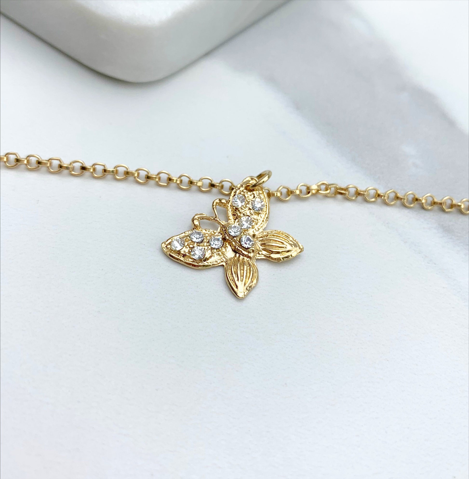 18k Gold Filled 2mm Rolo Chain with Clear Cubic Zirconia Butterfly Shape Design Charm Anklet, Wholesale Jewelry Making Supplies