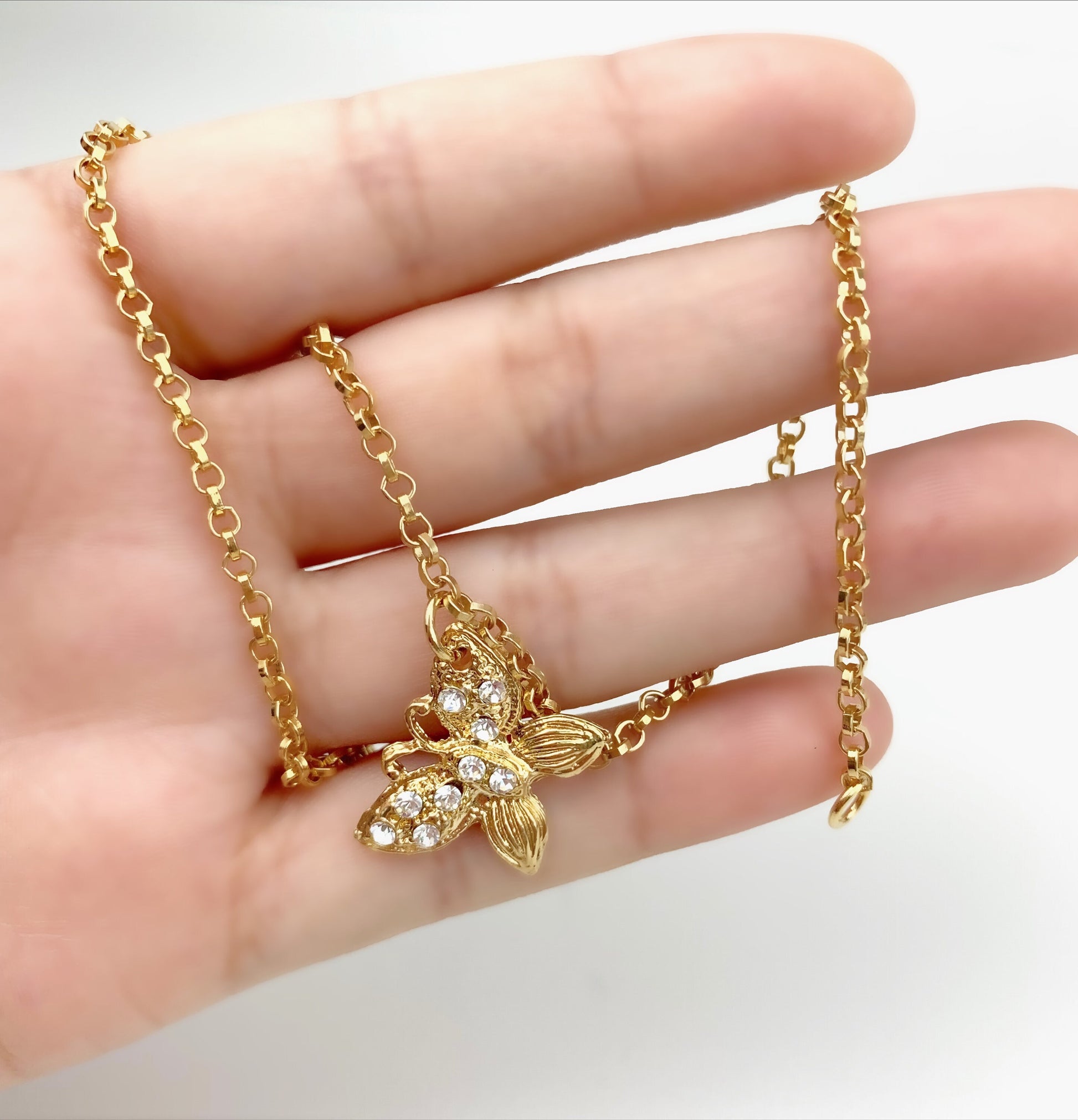 18k Gold Filled 2mm Rolo Chain with Clear Cubic Zirconia Butterfly Shape Design Charm Anklet, Wholesale Jewelry Making Supplies