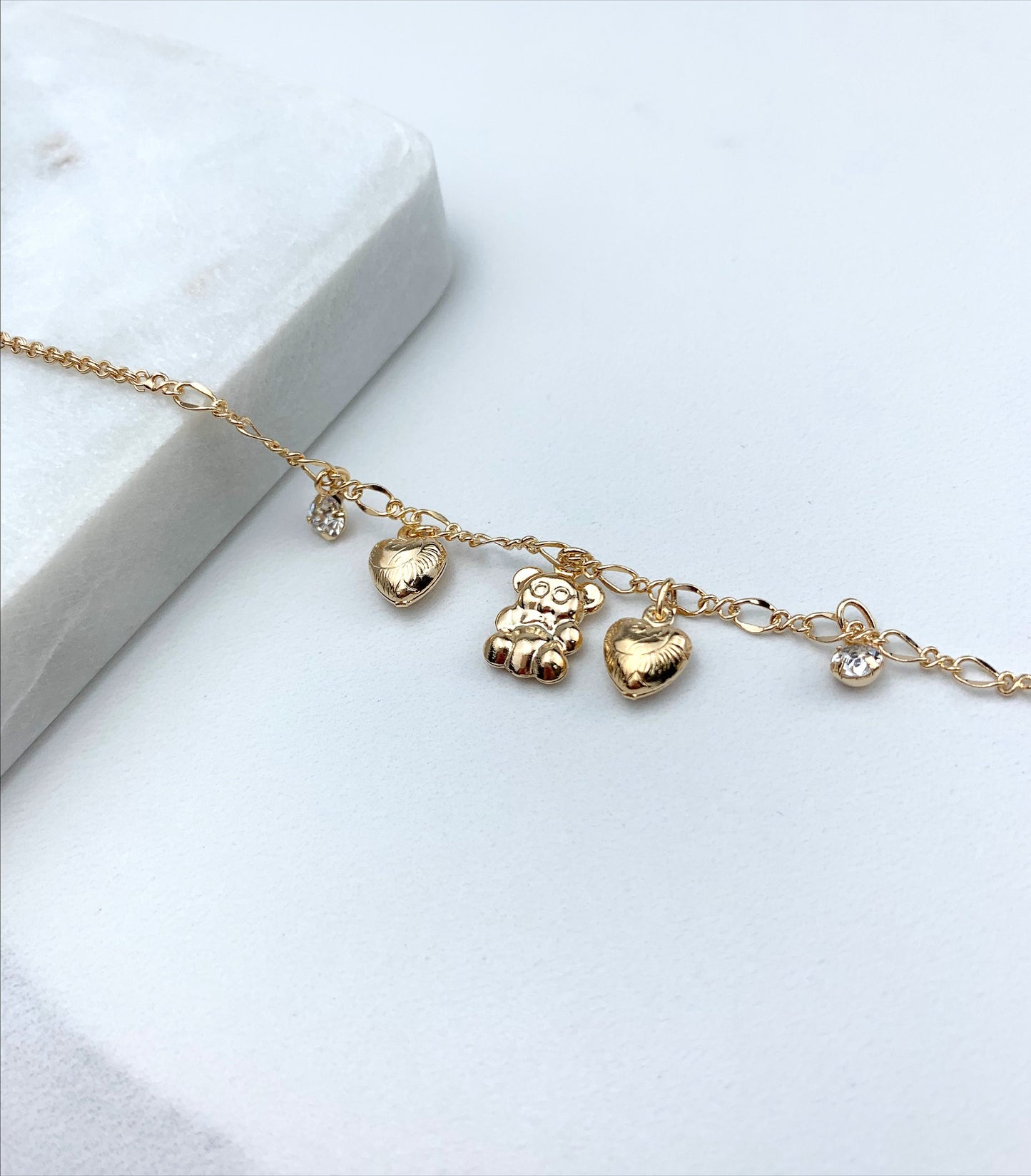 18k Gold Filled with Cubic Zirconia Bear, Hearts Jingle Bell 11 inches Cuban Link Chain Anklet Wholesale Jewelry Supplies