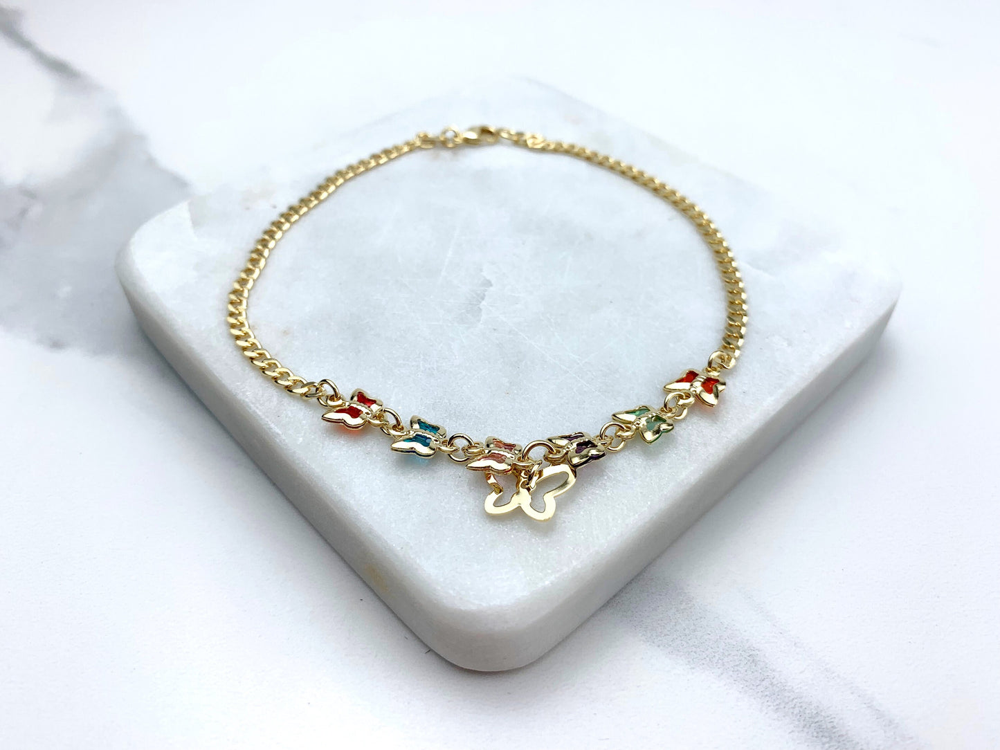 18k Gold Filled Colorful Butterflies and Monarch Cuban Link Chain Anklet Wholesale Jewelry Supplies