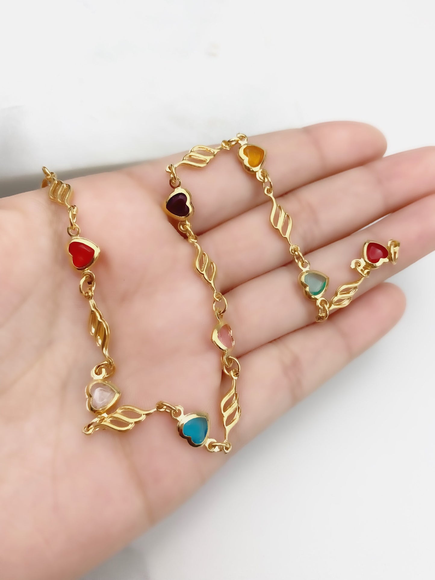 18k Gold Filled Two Leafs Colorful Hearts Anklet For Wholesale and Jewelry Supplies