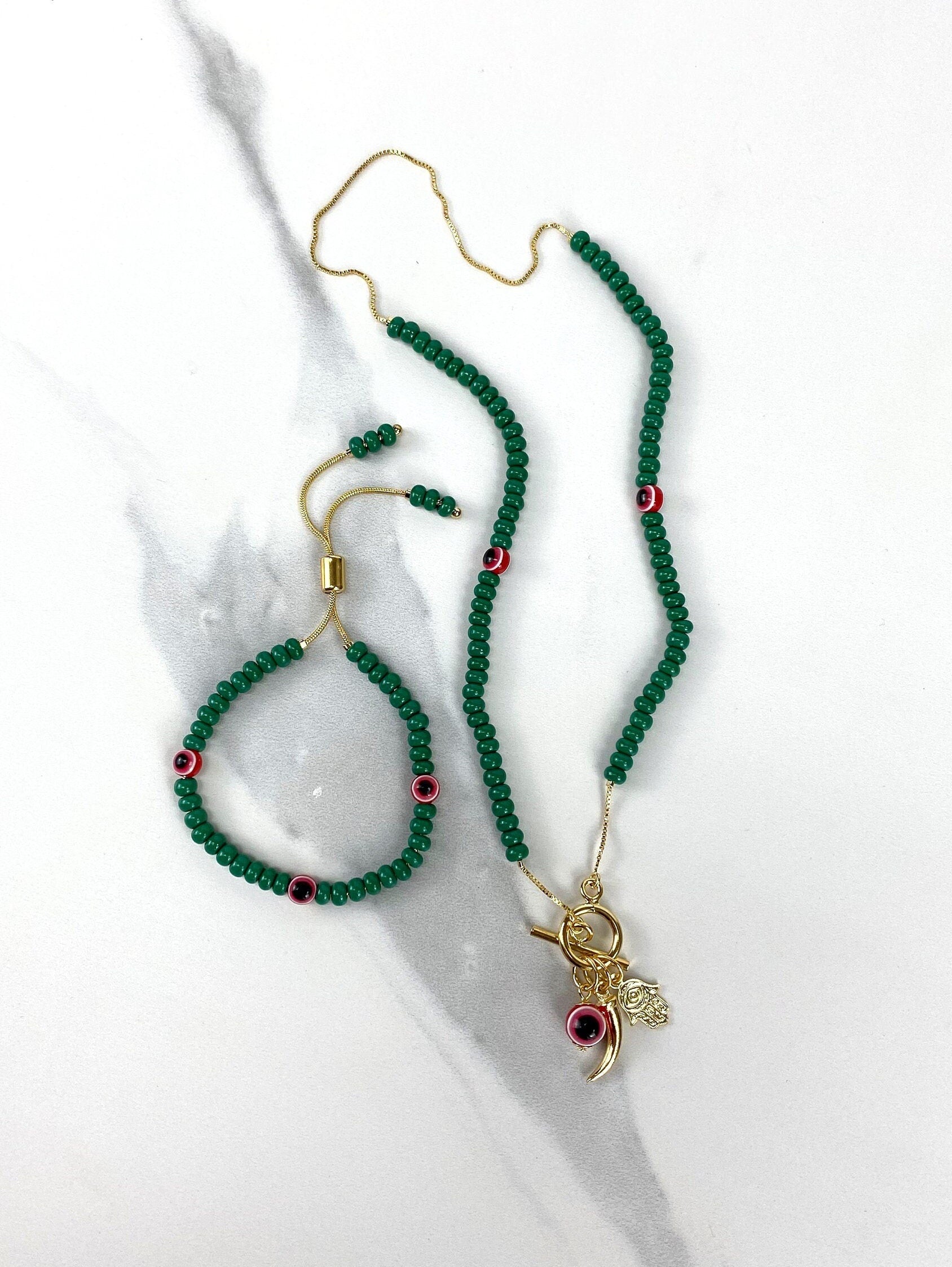 18k Gold Filled Fancy Green Pearls Red, Greek Eyes Lucky Necklace Wholesale Jewelry Supplies
