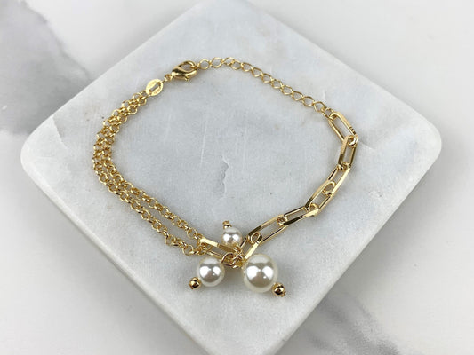 18k Gold Filled Bracelet with Paper Clip, Round Link Chain, Rolo Link Chain and Three White Plastic Pearls Wholesale Jewelry Supplies