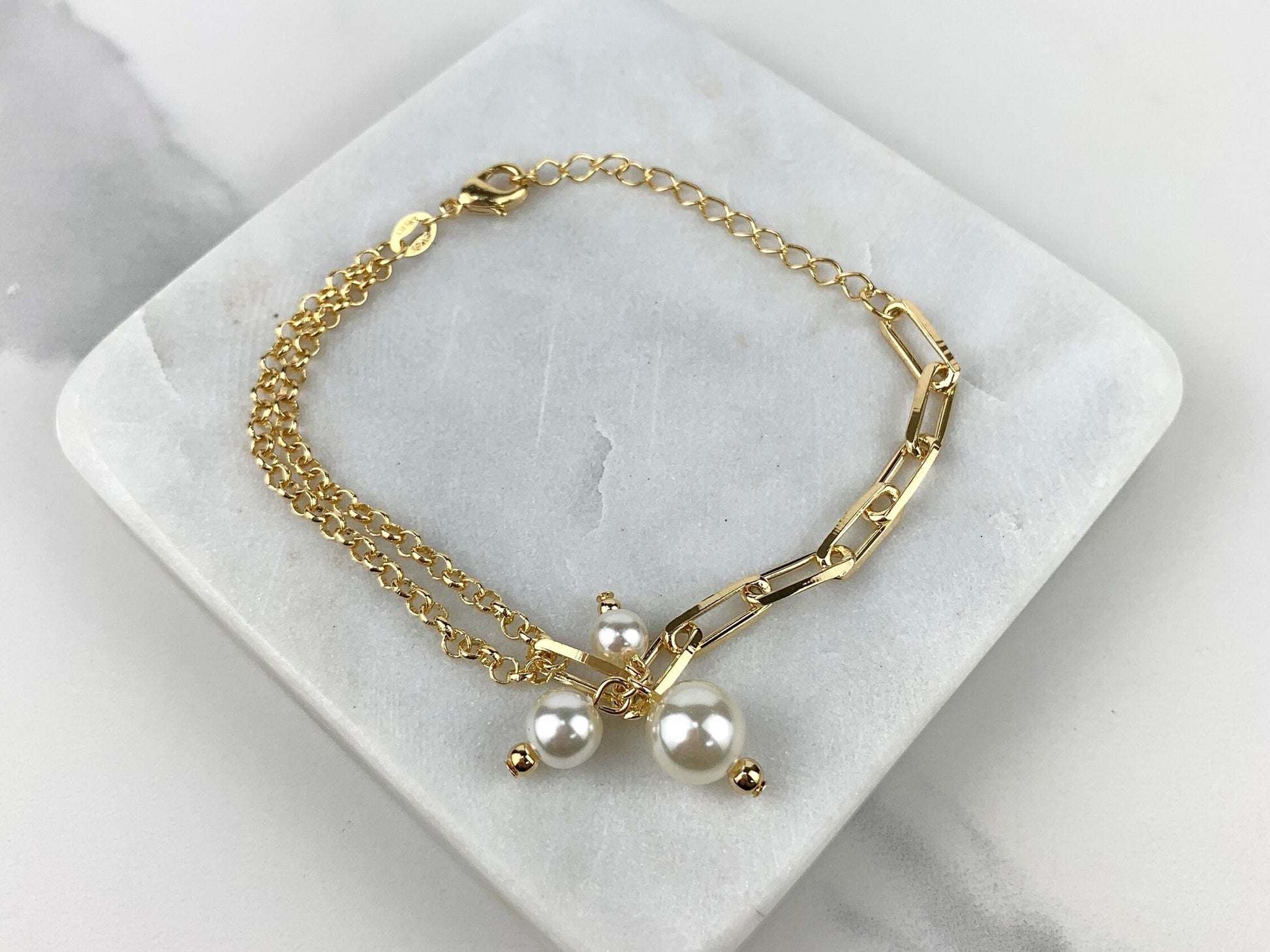 18k Gold Filled Bracelet or Necklace with Paper Clip Chain, Rolo Link Chain, Three White Plastic Simulated Pearls Wholesale Jewelry Supplies