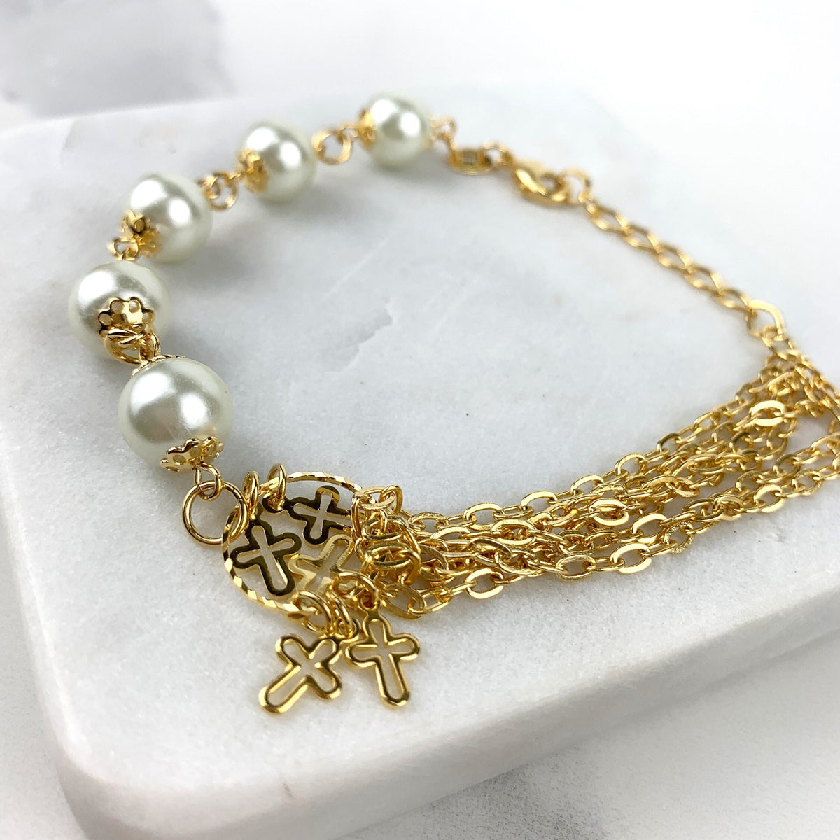 18k Gold Filled Crosses in Circle and White Simulated Pearls 8 inches Bracelet Wholesale Jewelry Supplies
