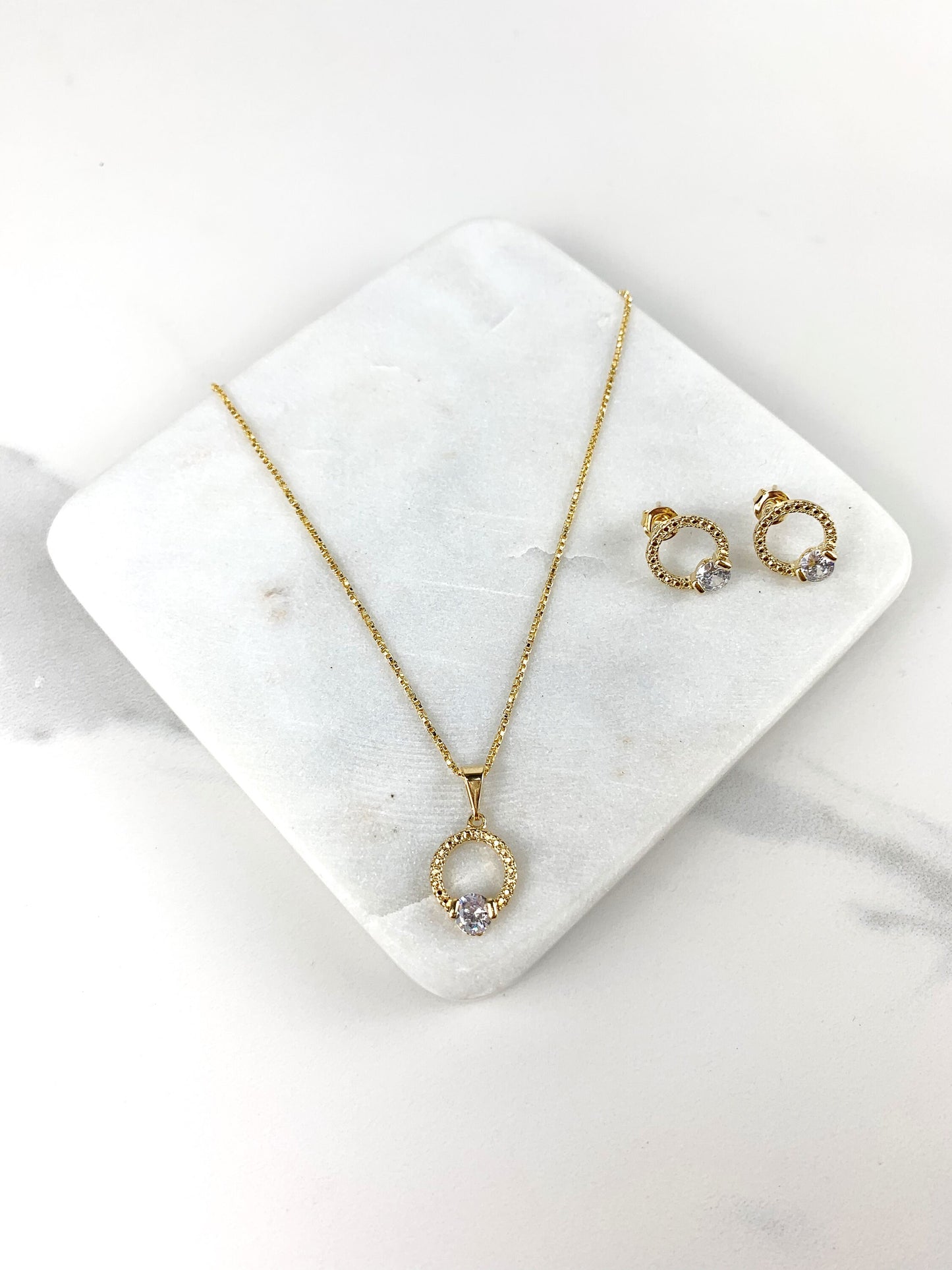18k Gold Filled, Fancy 1mm Chain Circle With CZ Cubic Zirconia Necklace Earrings Set, Wholesale and Jewelry Supplies