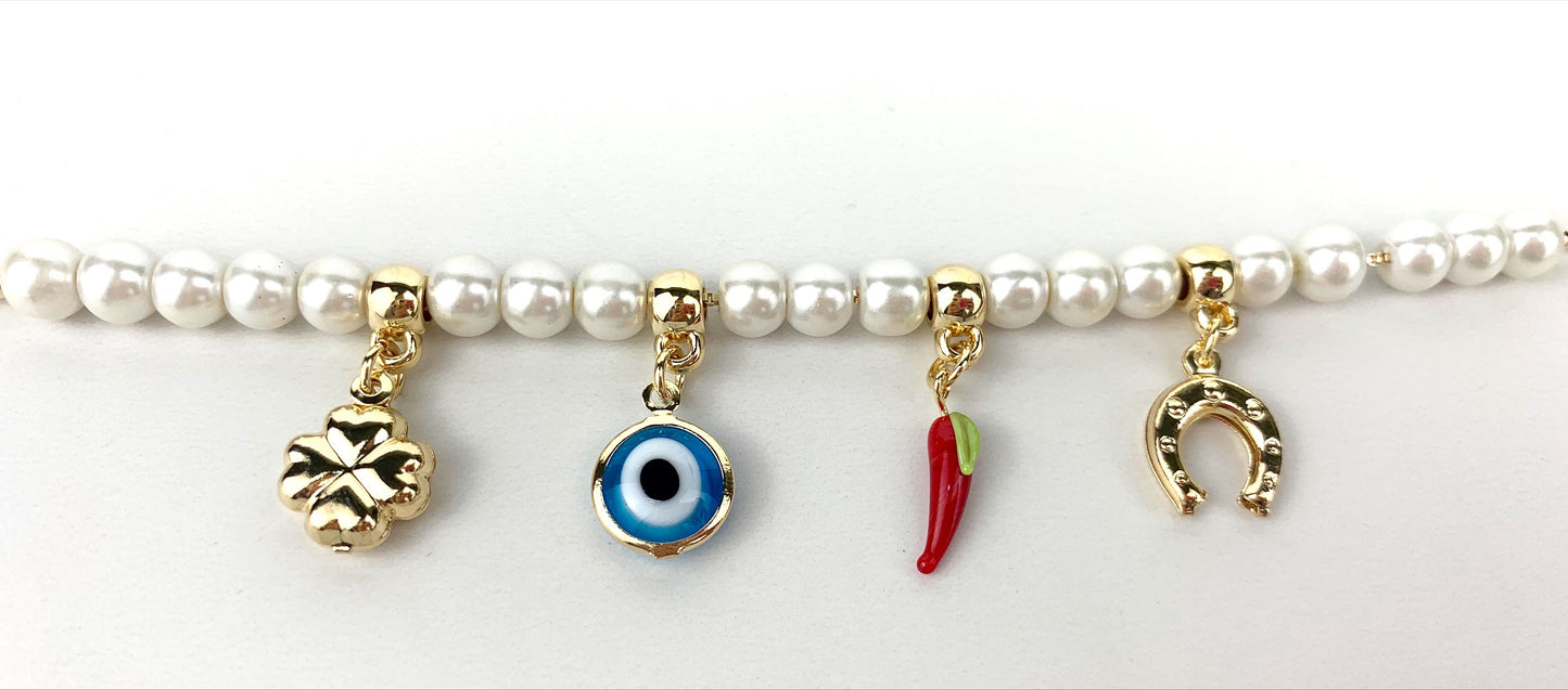 18k Gold Filled Fancy White Pearls, Greek Eyes Lucky Bracelet Wholesale Jewelry Supplies