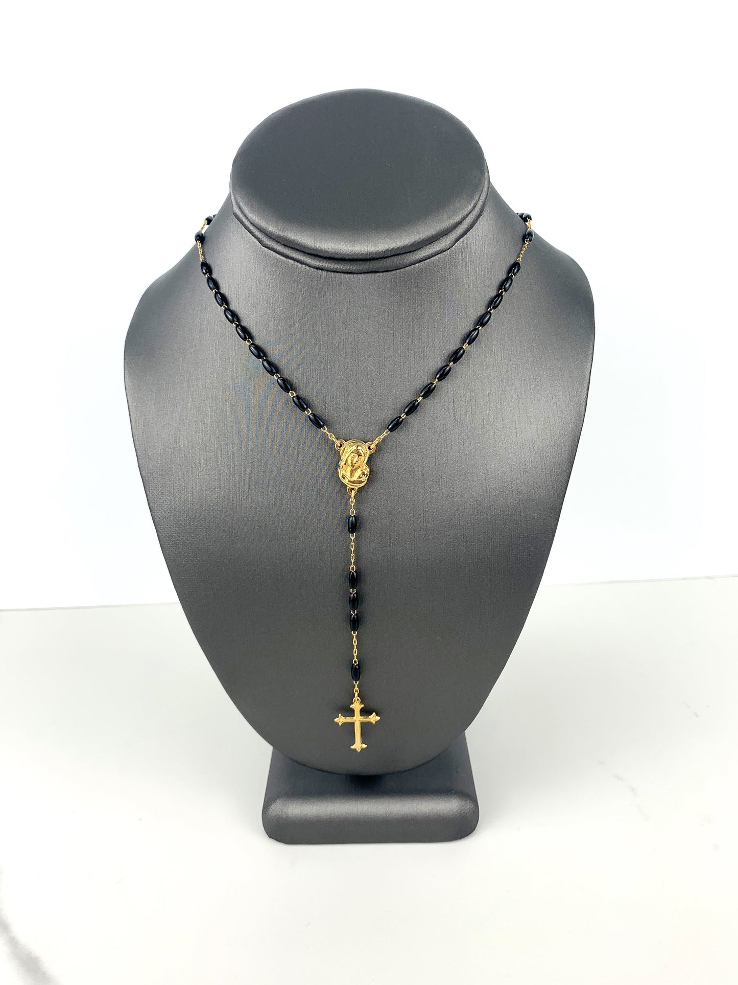 18k Gold Filled Black Beads Ave Maria Beaded Rosary Necklace, Religious Jewelry, Wholesale Jewelry Making Supplies