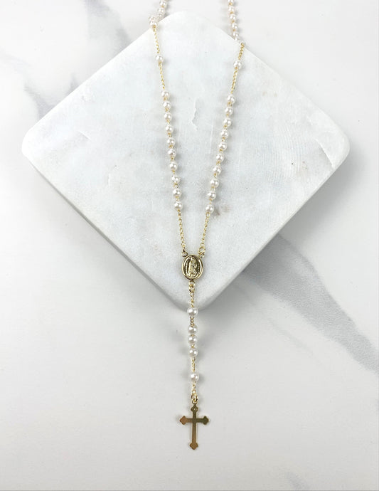 18k Gold Filled Beaded Simulated Pearl Our Lady of Guadalupe Rosary Necklace, Religious Jewelry, Wholesale Jewelry Making Supplies