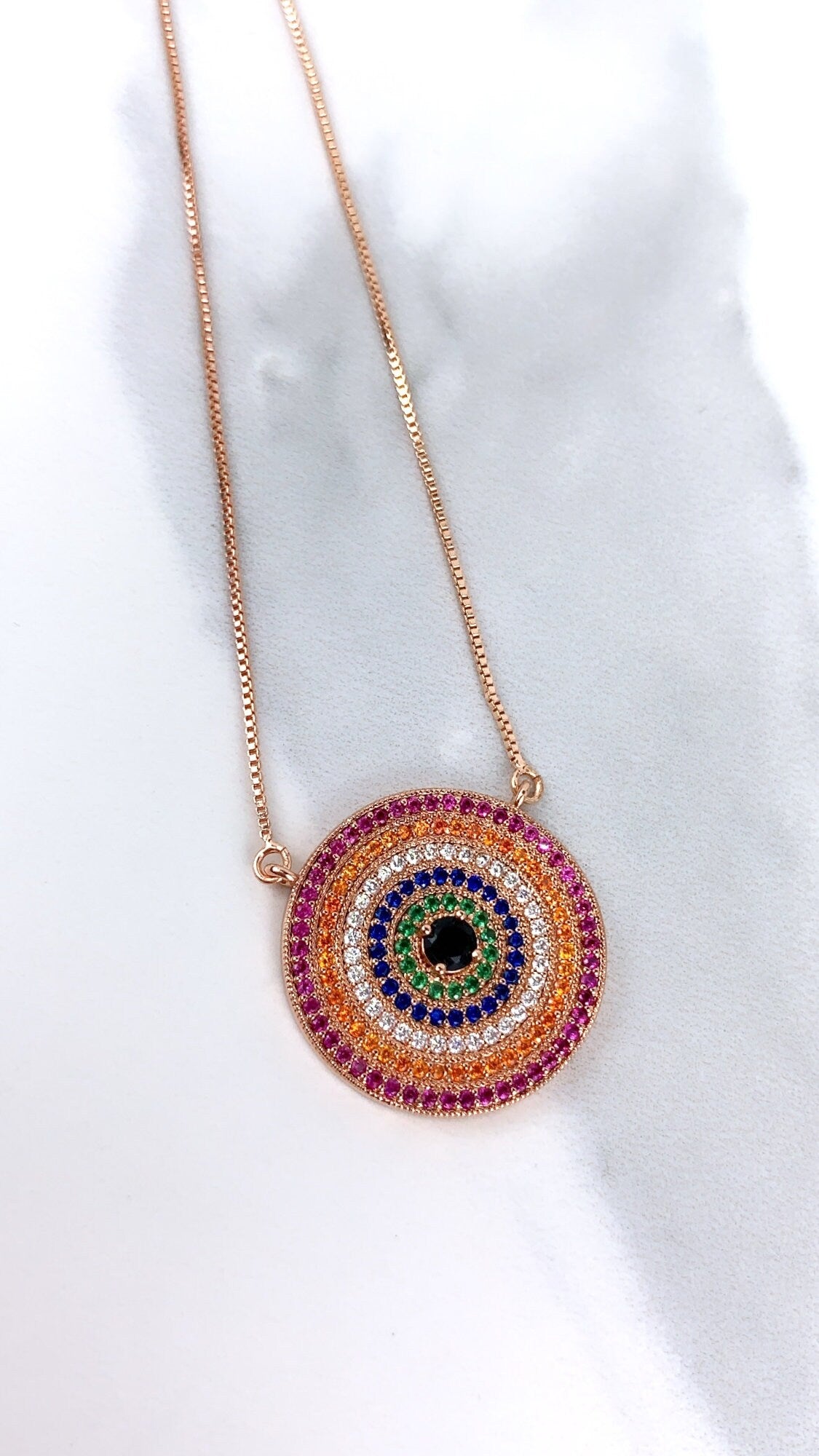 18k Rose Gold Filled Greek Eyes With Colored  Zirconia Circle Charm Necklace and Earrings Wholesale Jewelry Supplies