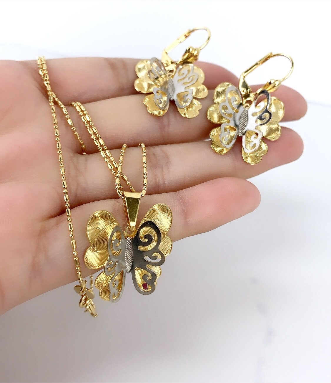 18k Gold Filled 1mm Chain with Fancy Butterfly Earrings and Pendant Wholesale Jewelry Supplies
