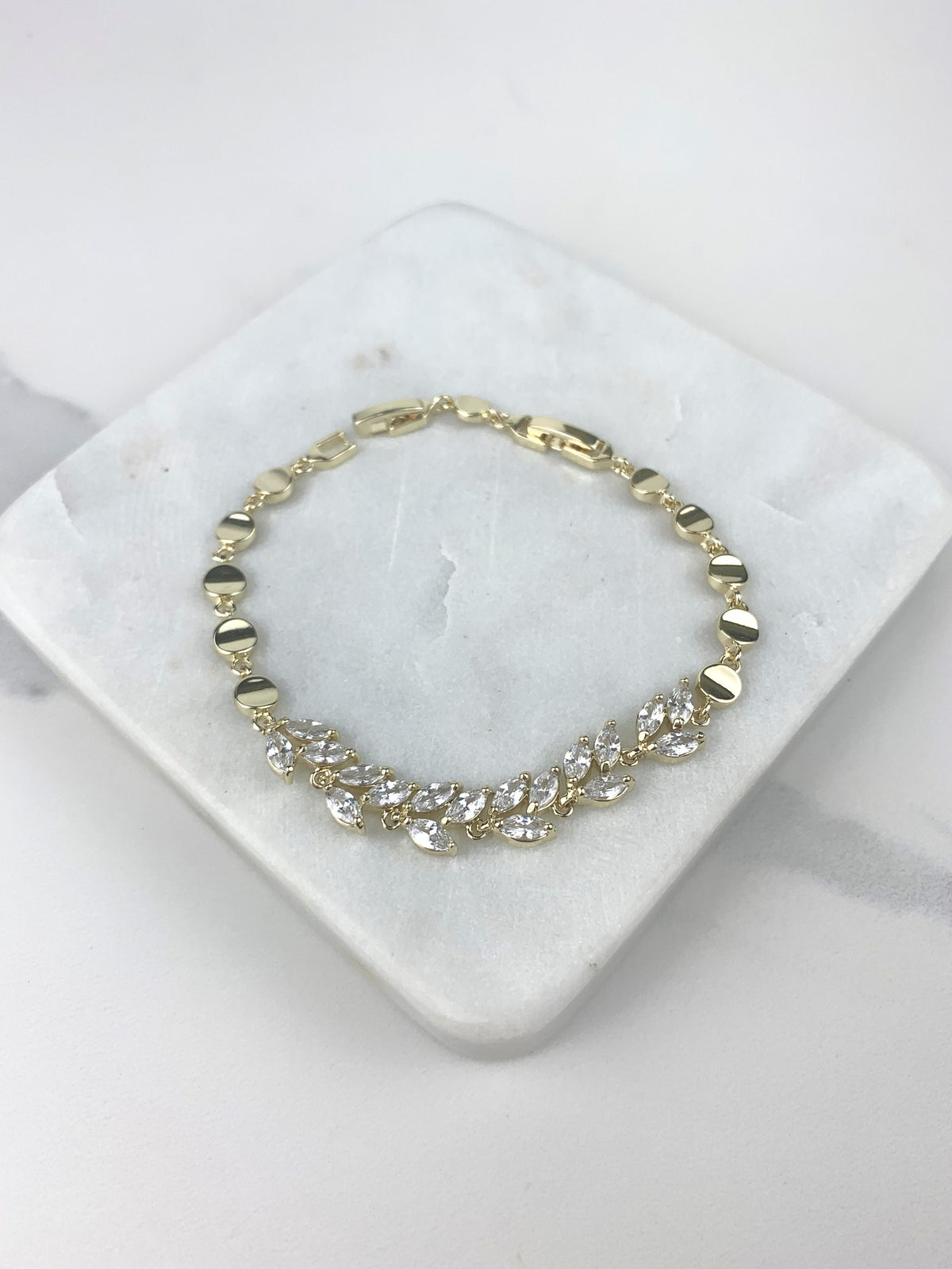18k Gold Filled Clear Cubic Zirconia Leaves Shape & Gold Circles Linked Bracelet Wholesale Jewelry Making Supplies