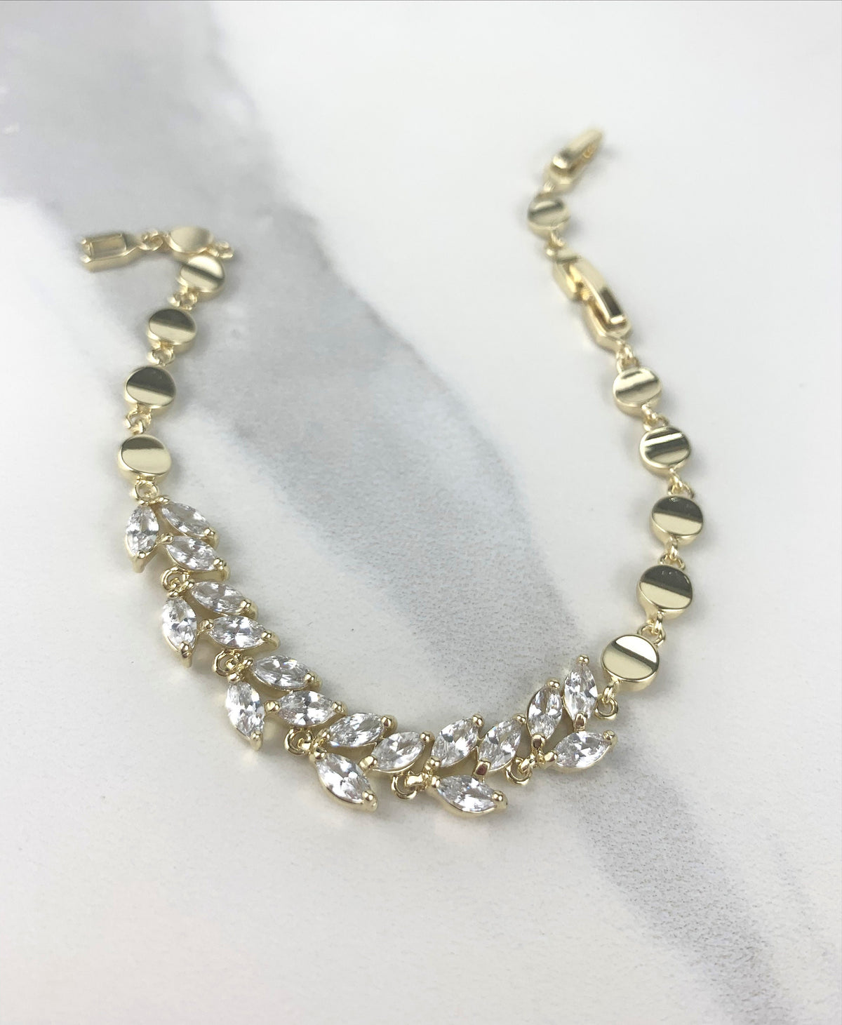 18k Gold Filled Clear Cubic Zirconia Leaves Shape & Gold Circles Linked Bracelet Wholesale Jewelry Making Supplies