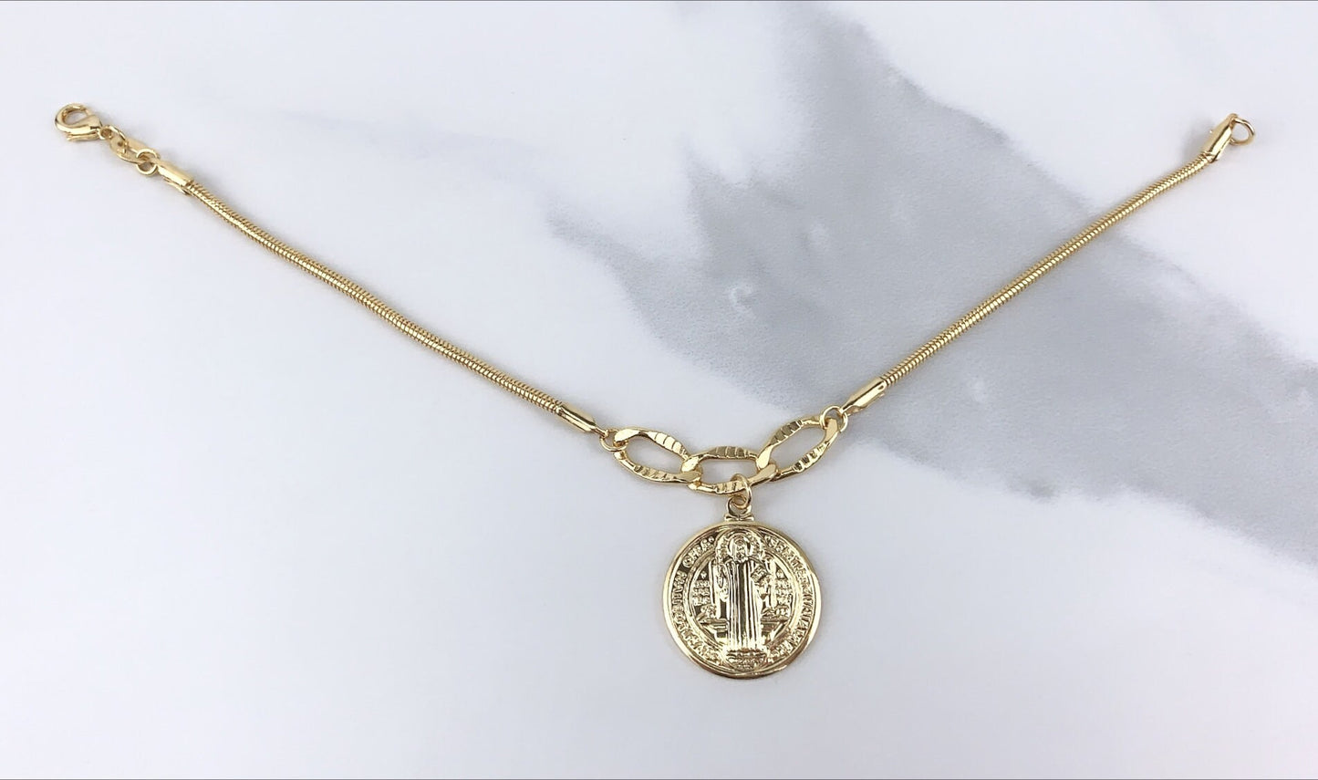 18k Gold Filled 8 inches Snake Chain Saint Benedict Coin Charm Chain Link, Bracelet  For Wholesale and Jewelry Supplies