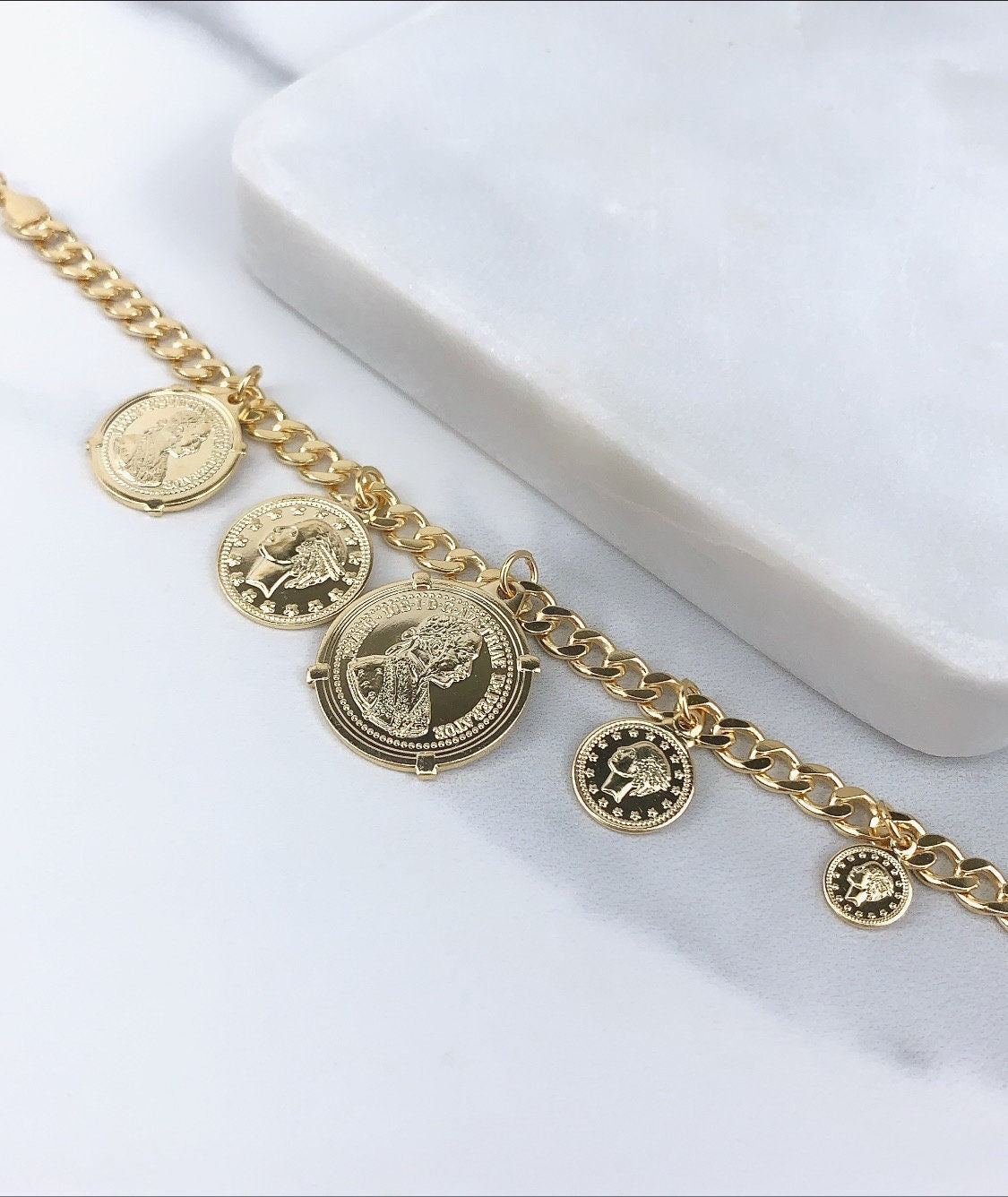 18k Gold Filled American Coins Different Sizes Coins Charm Cuban Chain Link, Bracelet  For Wholesale and Jewelry Supplies
