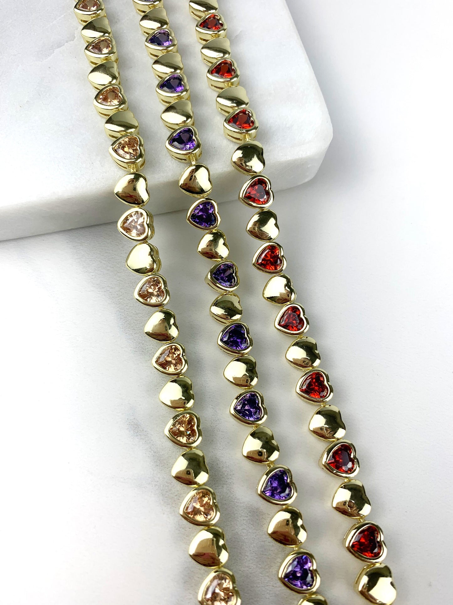 18k Gold Filled Purple, Red or Beige Zirconia Heart Shape Bracelet Wholesale Jewelry Supplies