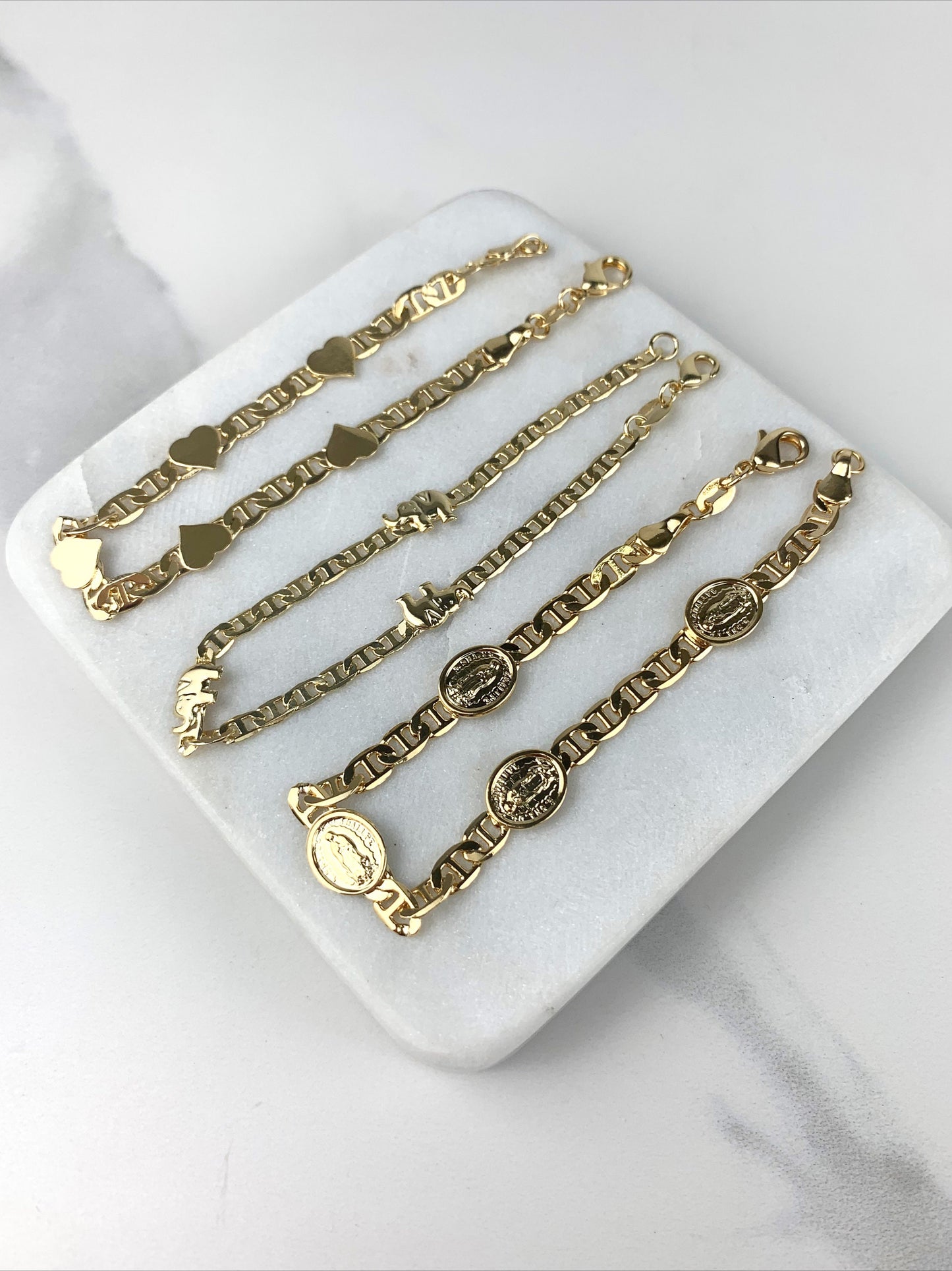 18k Gold Filled Mariner Link with Heart, Our Lady Of Guadalupe & Elephant Linked Bracelet Wholesale Jewelry Making Supplies