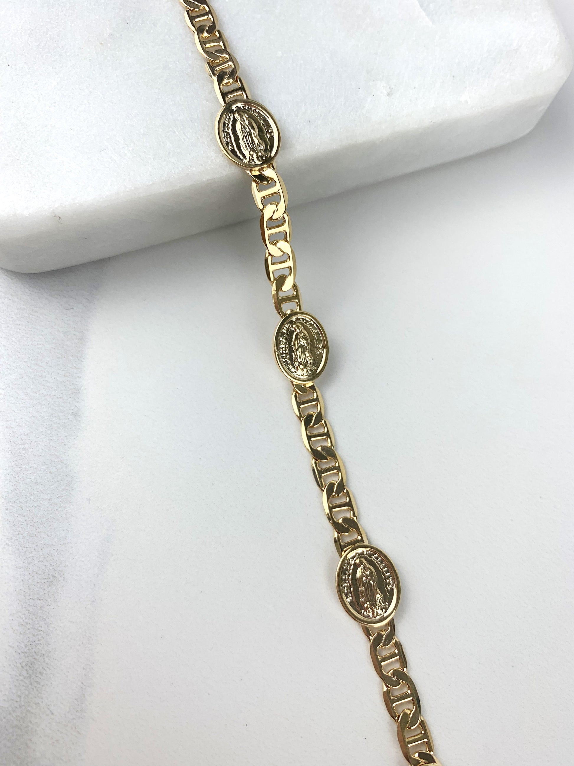 18k Gold Filled Mariner Link with Heart, Our Lady Of Guadalupe & Elephant Linked Bracelet Wholesale Jewelry Making Supplies