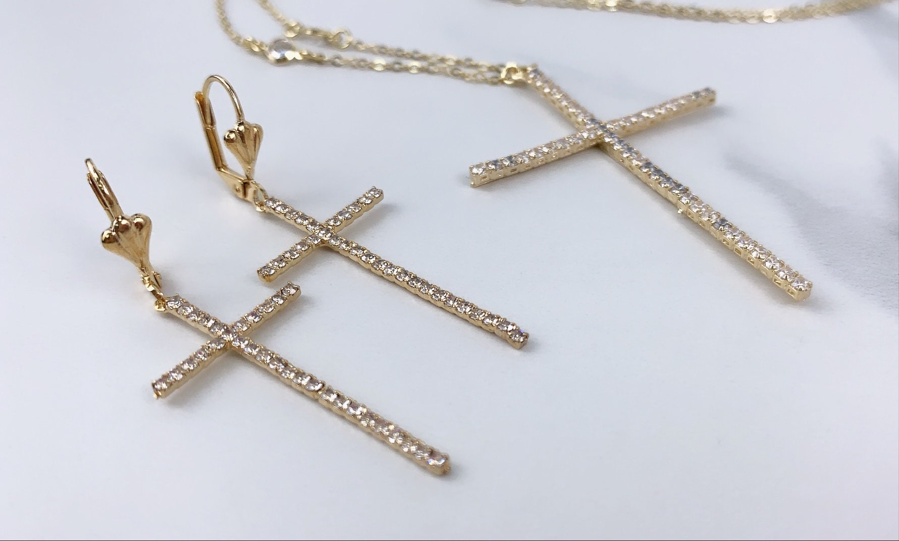 18k Gold Filled Paperclip Chain with Clear Cubic Zirconia Cross Shape Necklace or Earrings, Jewelry Sets, Wholesale Jewelry Making Supplies