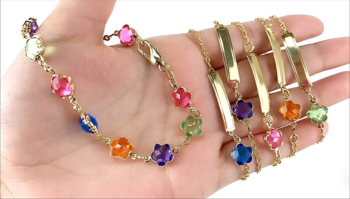 Mommy and Me Matching Jewelry | 18k Gold Filled Curb Link Colored Flower Kids Bracelet or Colored Mother Bracelet Wholesale Jewelry Supplies