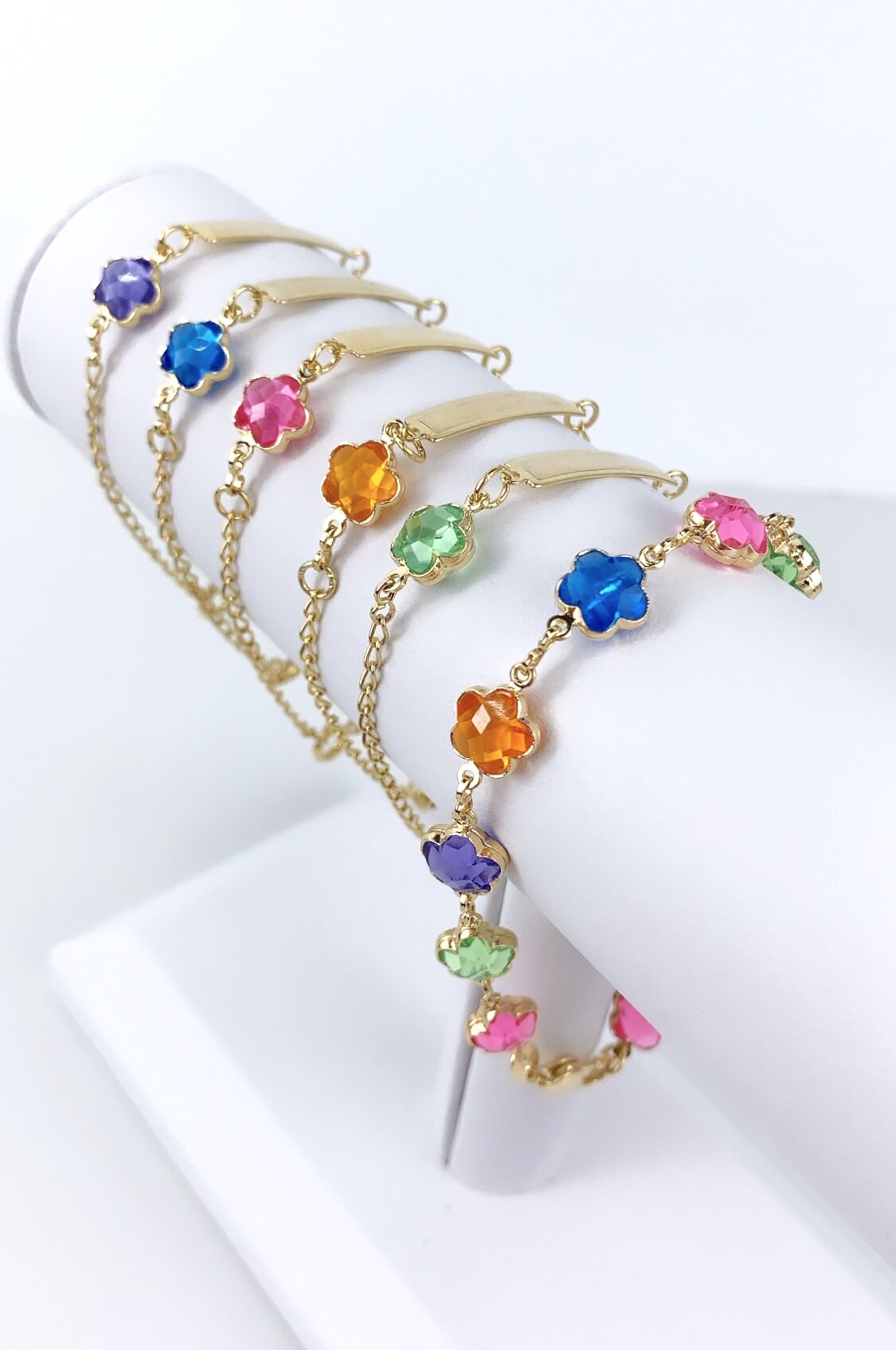 Mommy and Me Matching Jewelry | 18k Gold Filled Curb Link Colored Flower Kids Bracelet or Colored Mother Bracelet Wholesale Jewelry Supplies