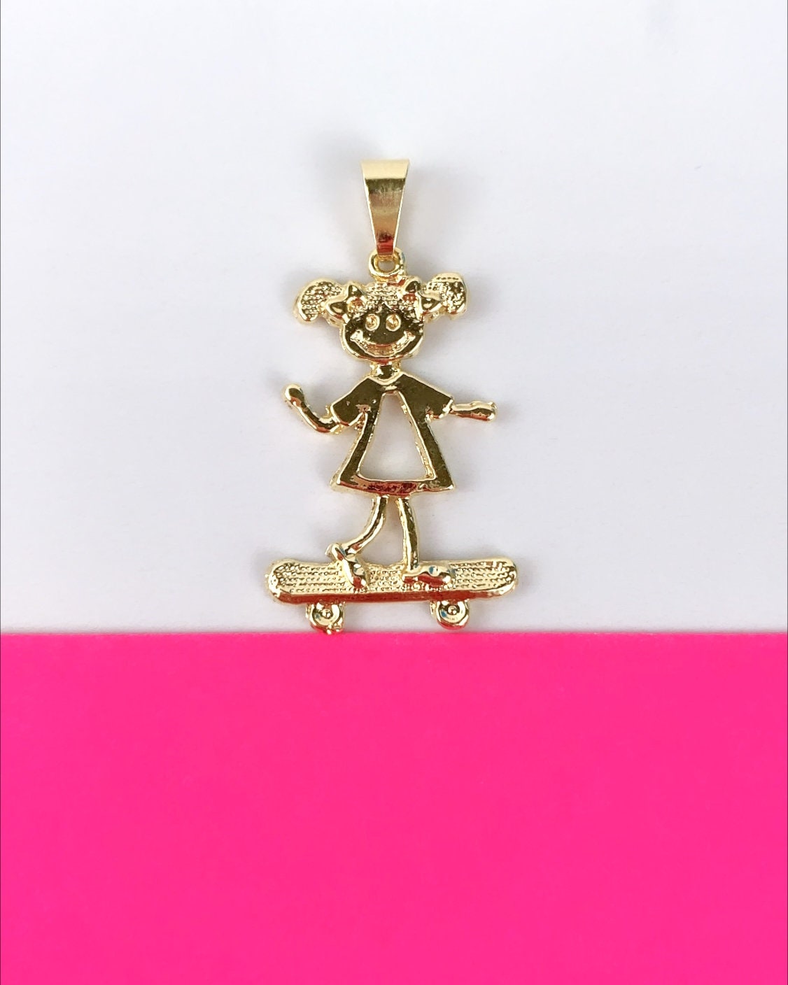 18k Gold Filled Kids Boy or Girl on Skateboard, Charms Pendant, Gold or Silver, Wholesale Jewelry Making Supplies Family Jewelry for Mother