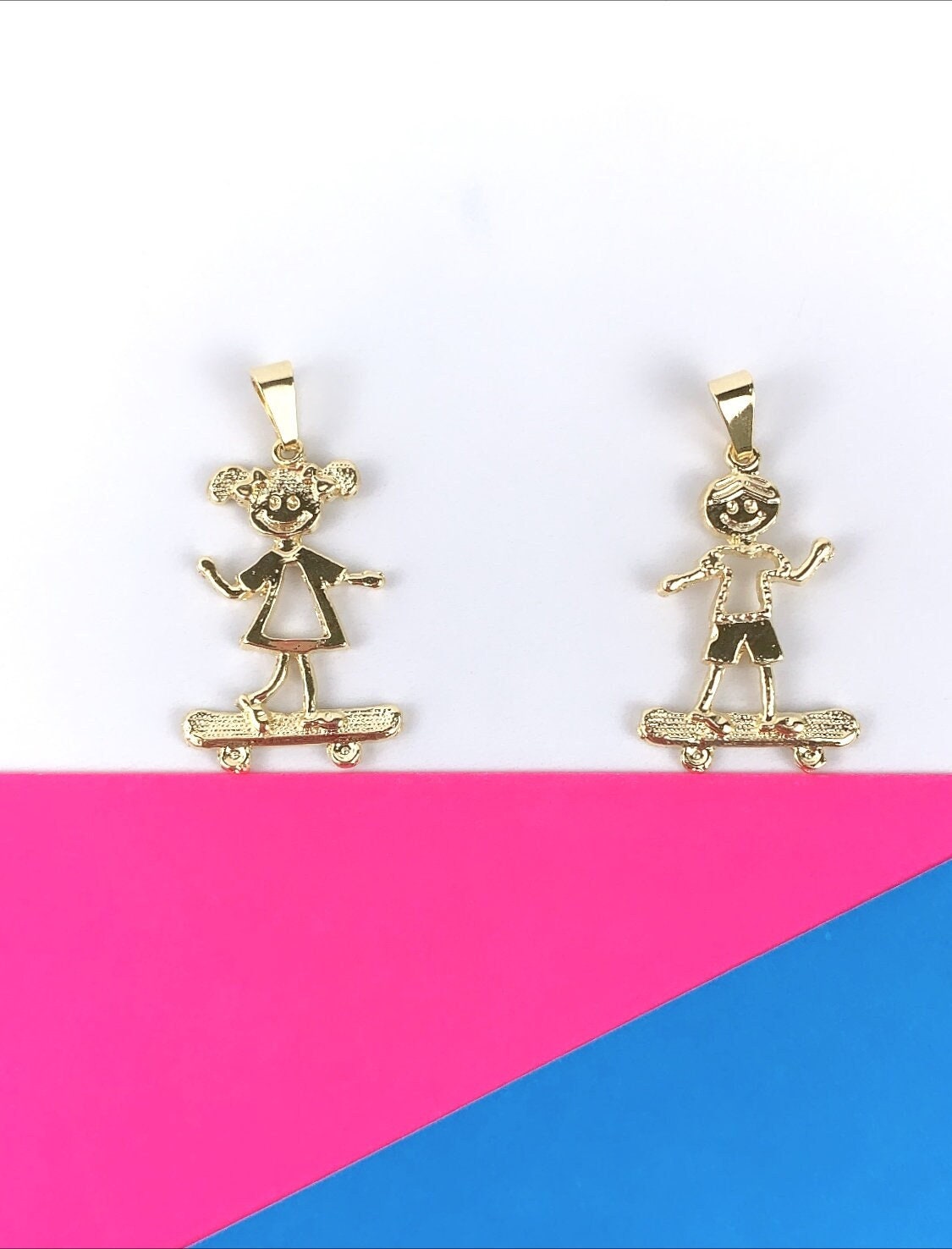 18k Gold Filled Kids Boy or Girl on Skateboard, Charms Pendant, Gold or Silver, Wholesale Jewelry Making Supplies Family Jewelry for Mother