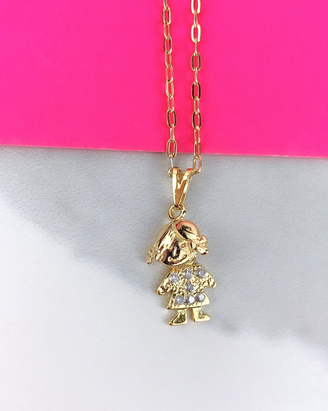 18K Gold Plated Kids Charms Family Necklace w Chain Boys n Girls