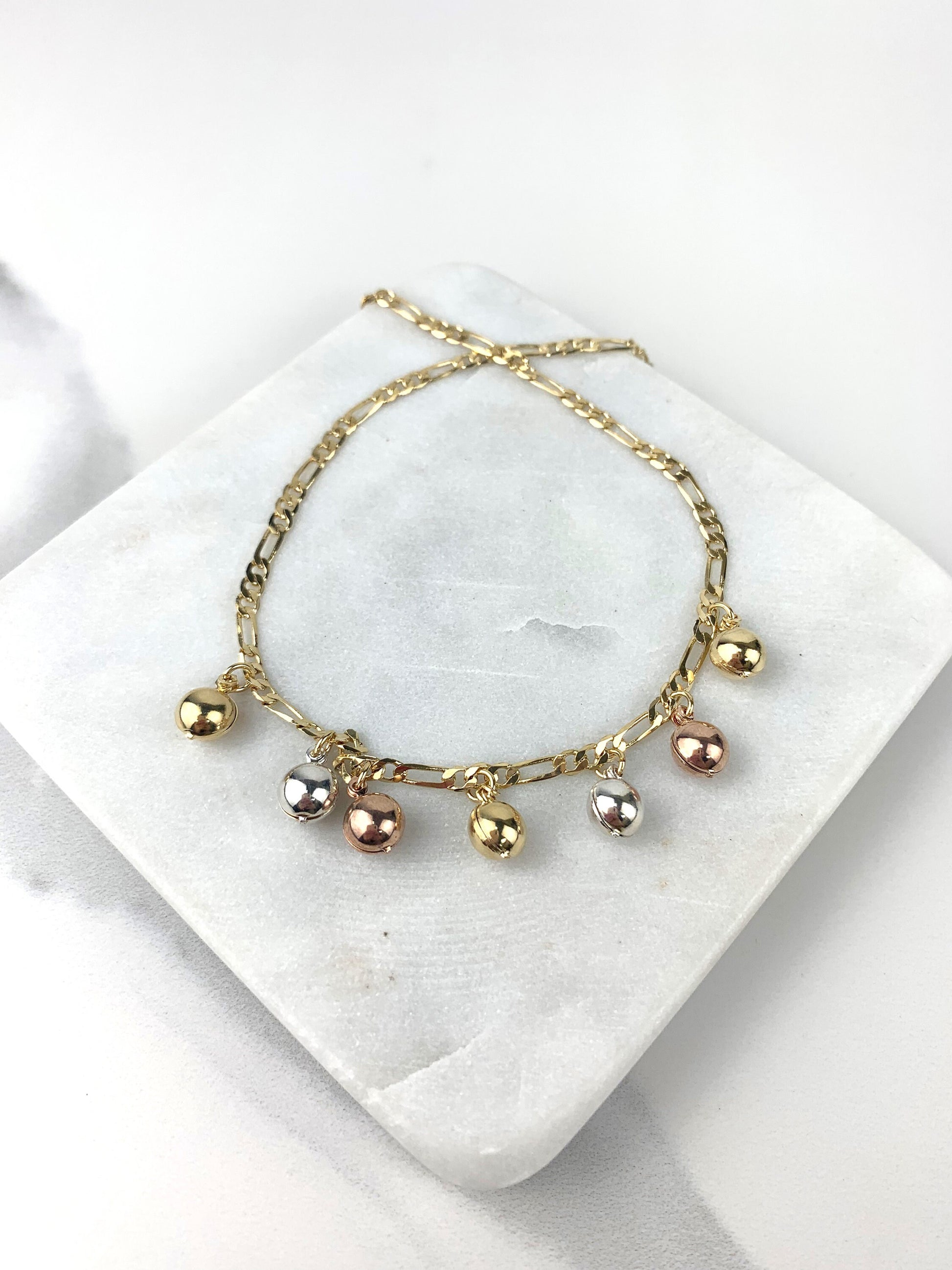 18k Gold Filled, Tinkle Bell Choker and Bracelet There Tones Gold, White Gold and Pink Gold Wholesale Jewelry Supplies