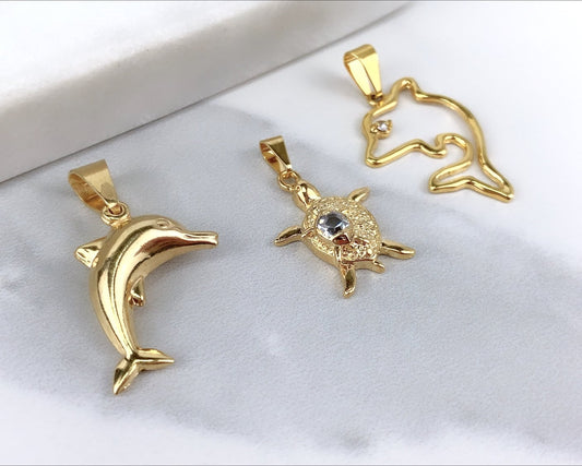 18k Gold Filled Turtle CZ Cubic Zirconia, Graphic Dolphin Cubic Zirconia & Plain Dolphin Pendant Charms Wholesale Jewelry Supplies