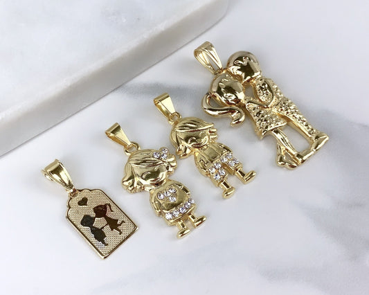 18k Gold Filled Couple Kissing, Girl and Boy with Cubic Zirconia, Frame Couple Kiss Charm Pendant For Wholesale & Jewelry Supplies