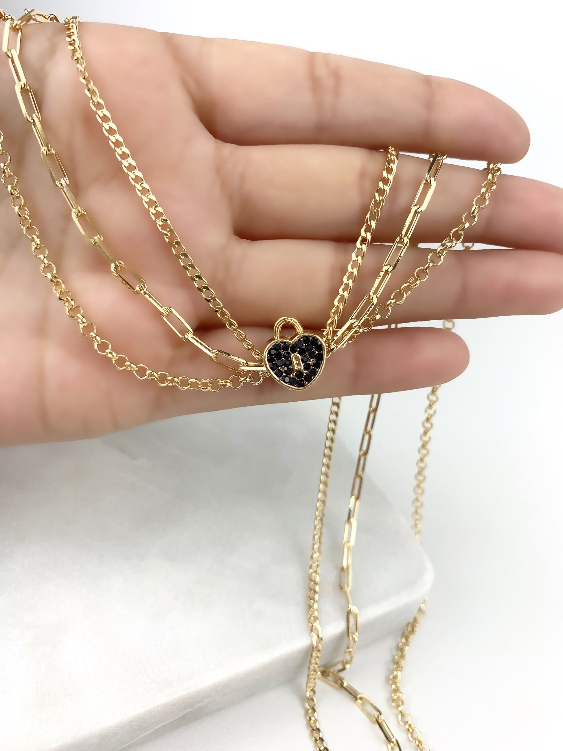 18k Gold Filled with CZ Tiny Black and Green Lock Pendant,PaperClip,Cuban Link, Round Box Necklace Choker For Wholesale and Jewelry Supplies