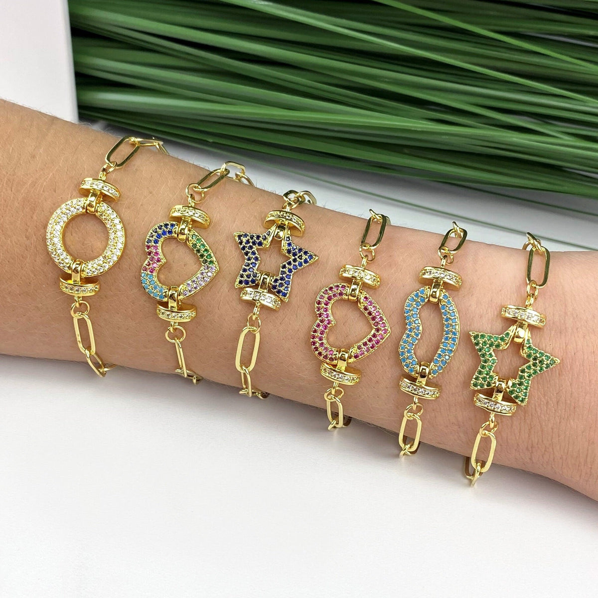 18k Gold Filled Paperclip Link Colored Lips Kiss Micro Pave Cubic Zirconia Bracelet with Extender  Wholesale Jewelry Supplies