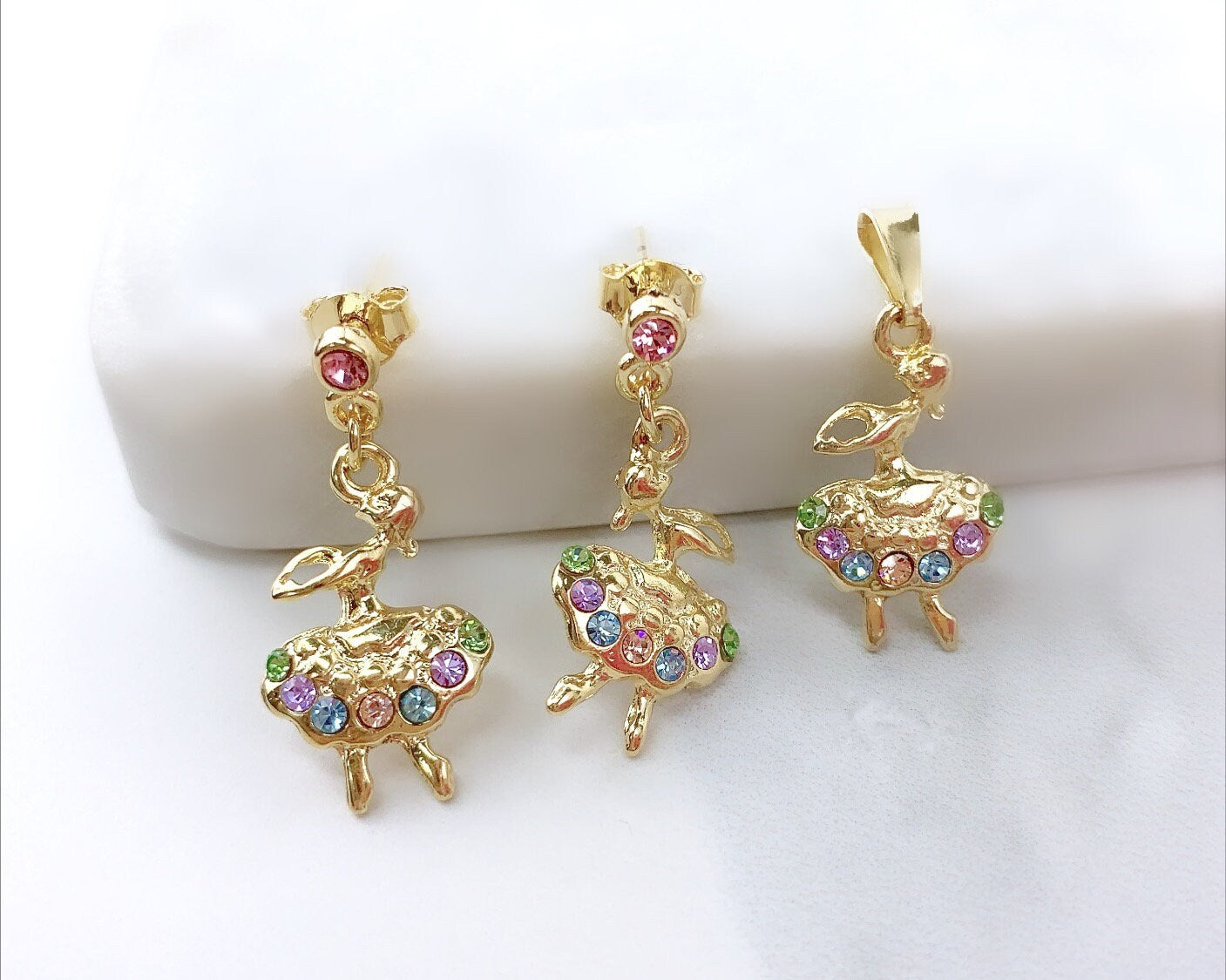18k Gold Filled with Colored Cubic Zirconia Ballet Dancer Earrings and Pendant Wholesale Jewelry Supplies