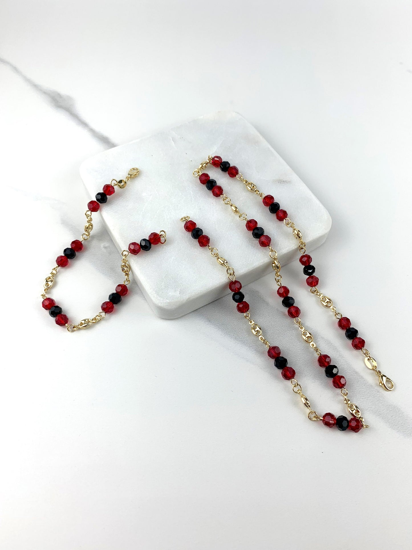 18k Gold Filled Fancy Chunky Link Mariner Chain Linked with Black & Red Beads, Necklace, Bracelet or Earrings, Wholesale Jewelry Supplies