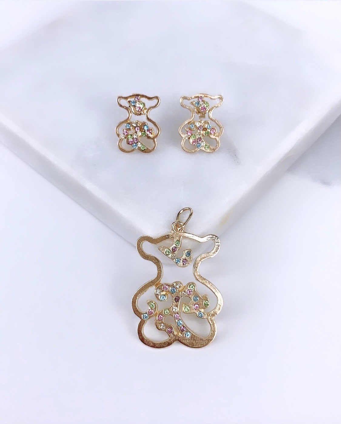 18k Gold Filled with Cubic Zirconia Bear Set of Earrings and Pendant Wholesale Jewelry Supplies