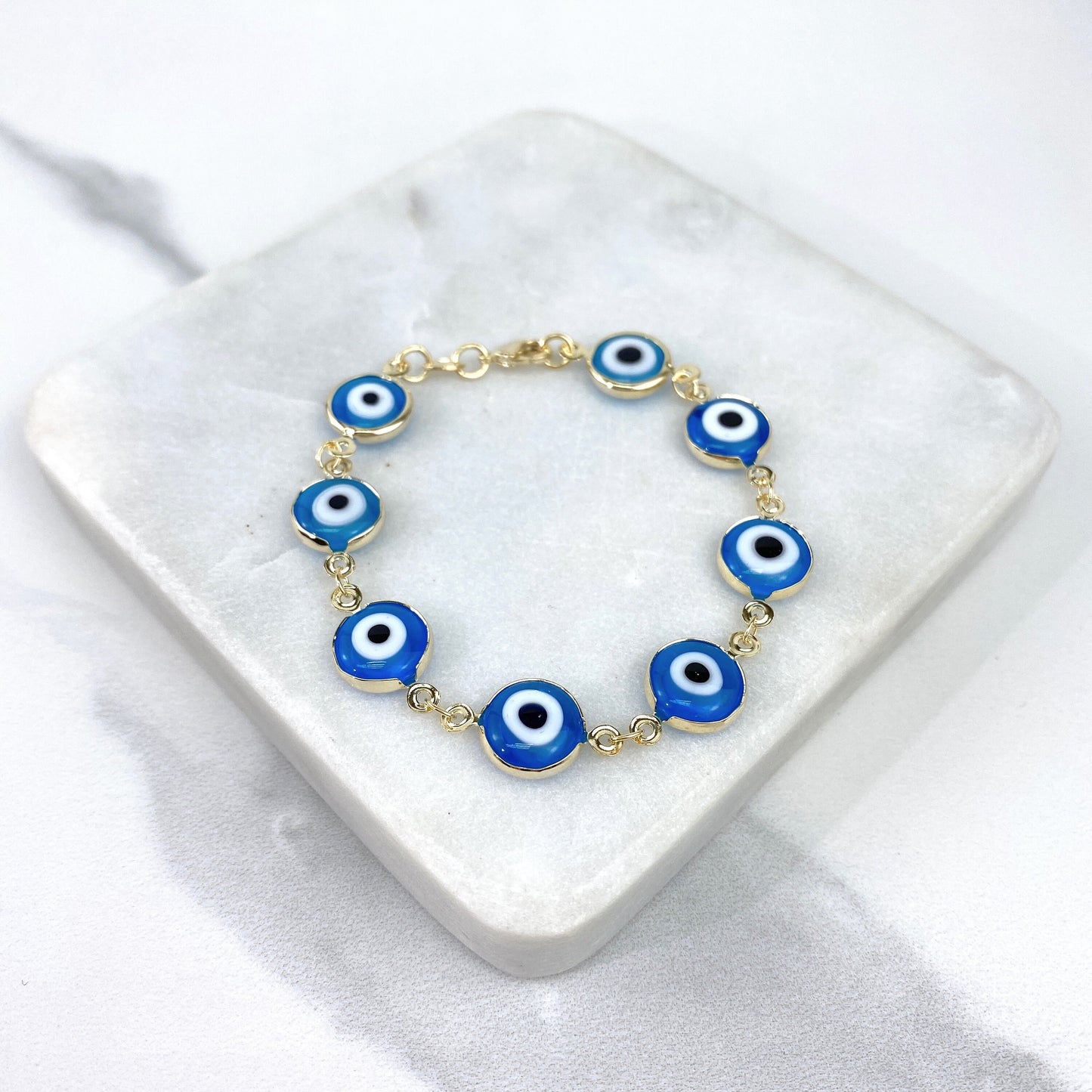 18k Gold Filled Fancy 10mm Greek Blue Eyes, Link Style, Bracelet or Necklace, Protection & Lucky, Wholesale Jewelry Supplies