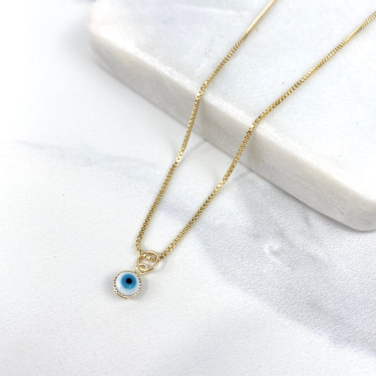 18k Gold Filled 1mm Box Chain Necklace with Greek Eye, Evil Eyes Pendant Charms, Protection & Lucky, for Wholesale and Jewelry Supplies
