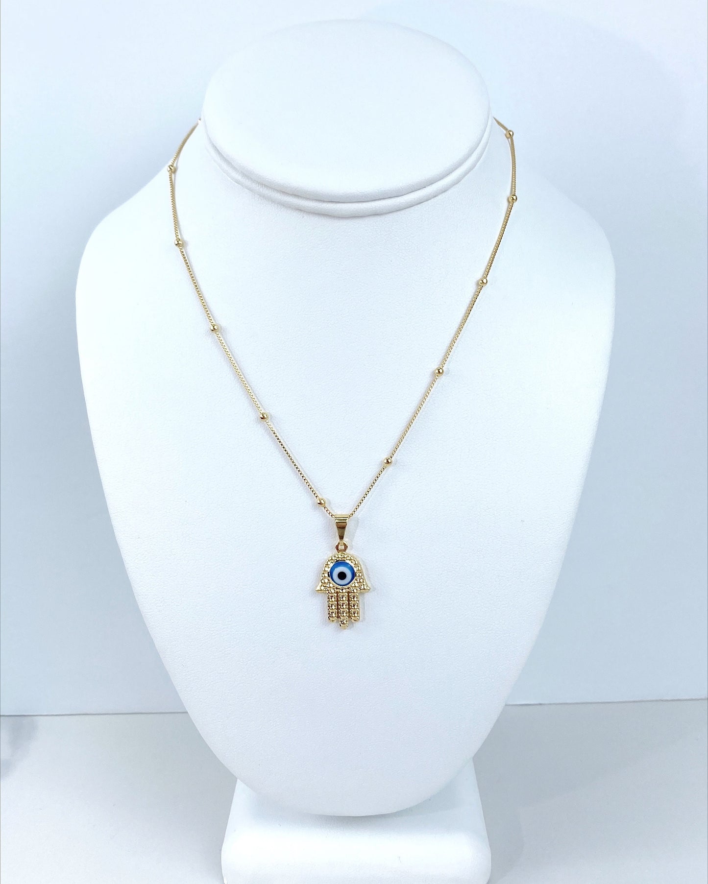 18k Gold Filled Hamsa Pendant Necklace Featuring Center Blue Evil Eye Wholesale Jewelry Supplies