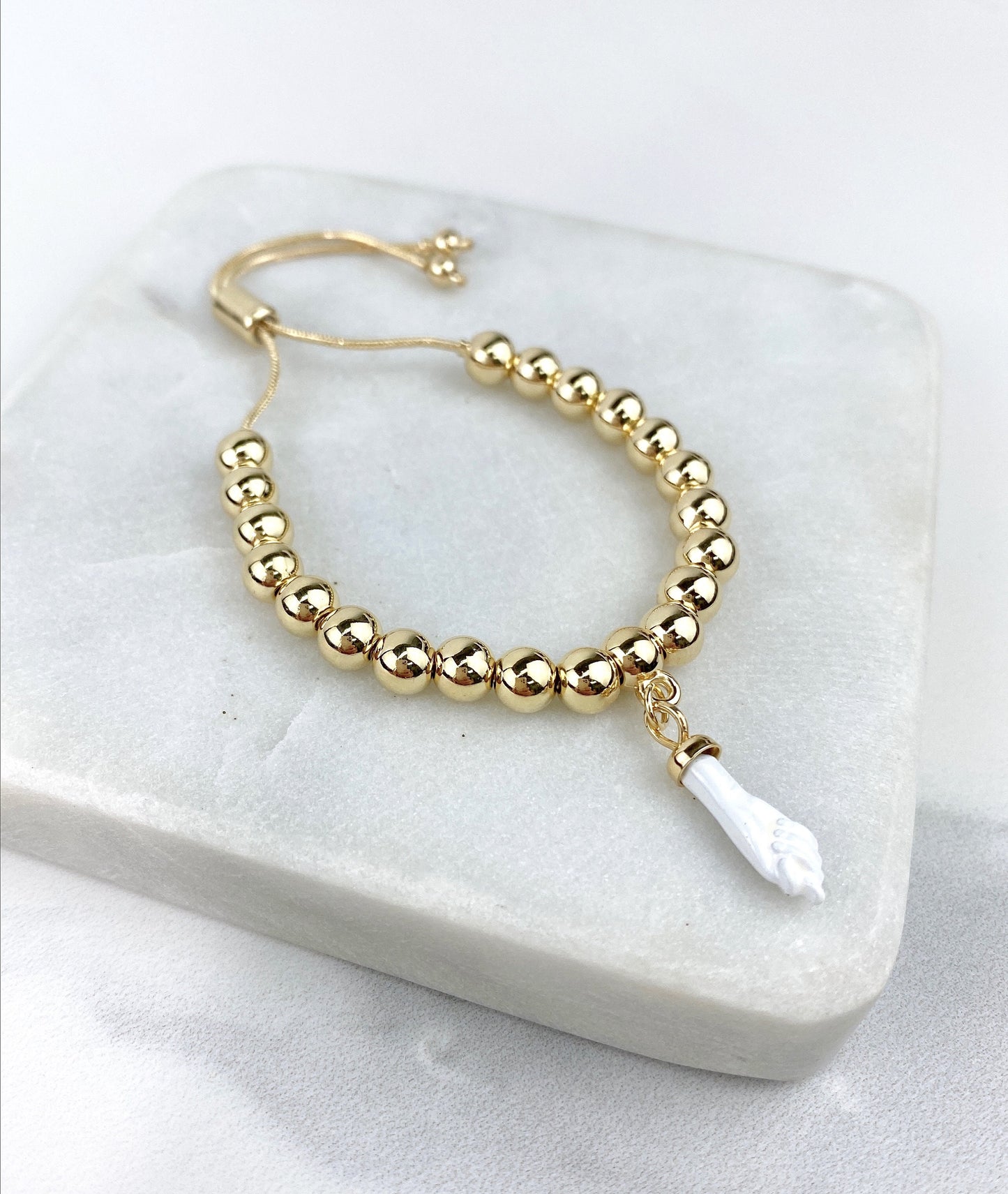 18k Gold Filled Beads, White Figa Hand Charm, Adjustable Bracelet, Protection Jewelry WholesaleJewelry Supplies