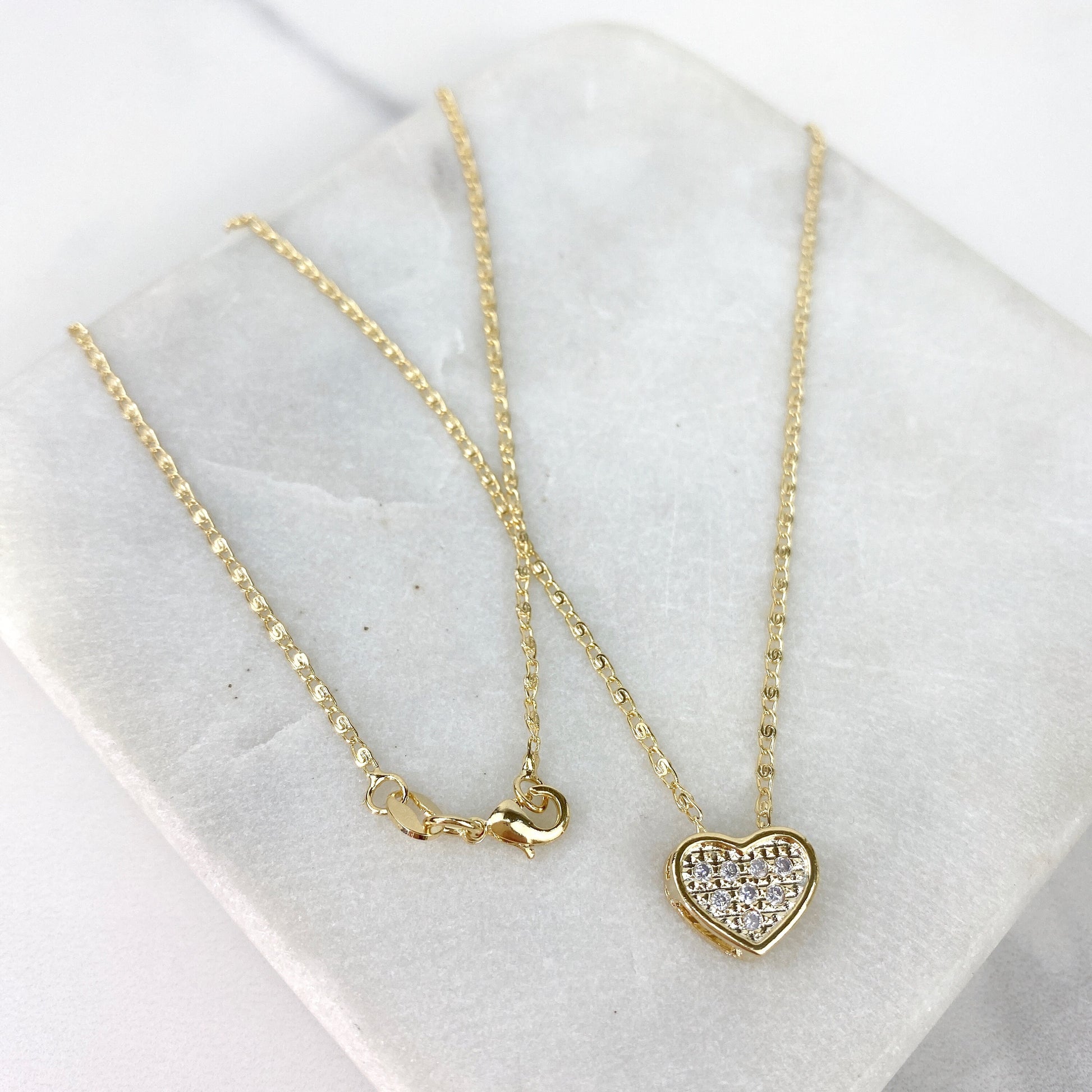 18k Gold Filled 1mm Anchor Chain Necklace Featuring Micro Pave Cubic Zirconia Heart Charms And Stud Earrings Set,Wholesale Jewelry Supplies